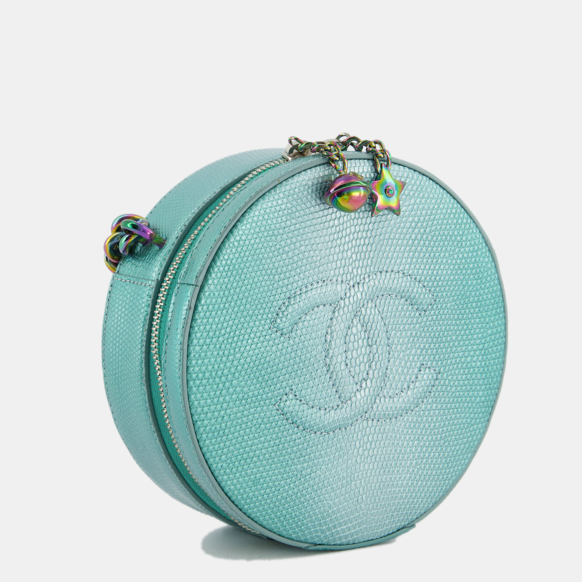 

Chanel Turquoise Iridescent Lizard Round Top Handle Bag with Multi-Colour Hardware, Blue