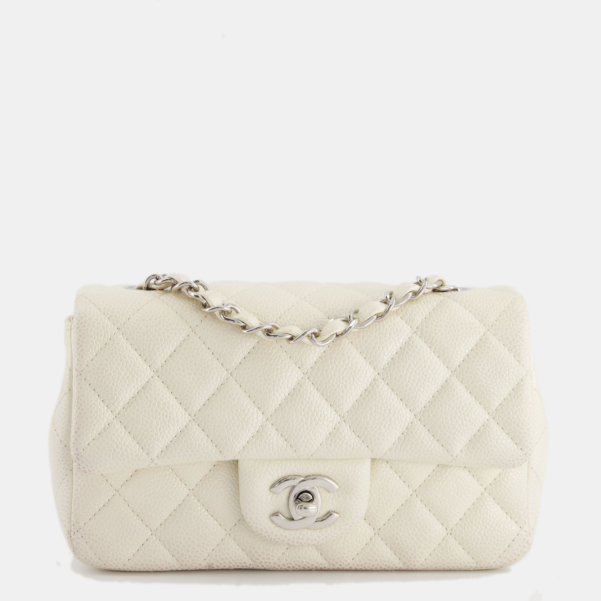 

Chanel White Pearlescent Caviar Mini Rectangular Single Flap Bag with Silver Hardware