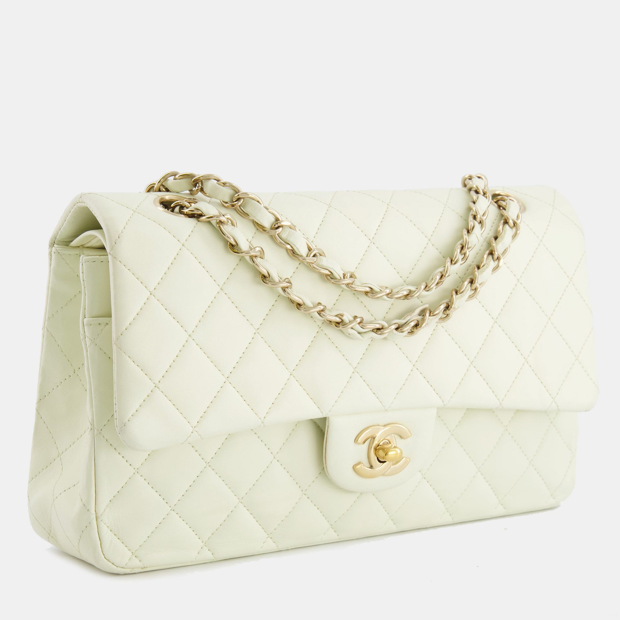 

Chanel White Medium Double Flap Bag in Lambskin Leather with Champagne Gold Hardware