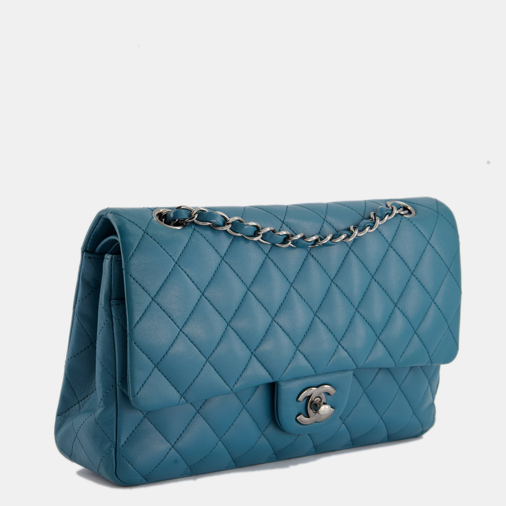 

Chanel Medium Teal Classic Double Flap Bag in Lambskin with Ruthenium Hardware, Blue