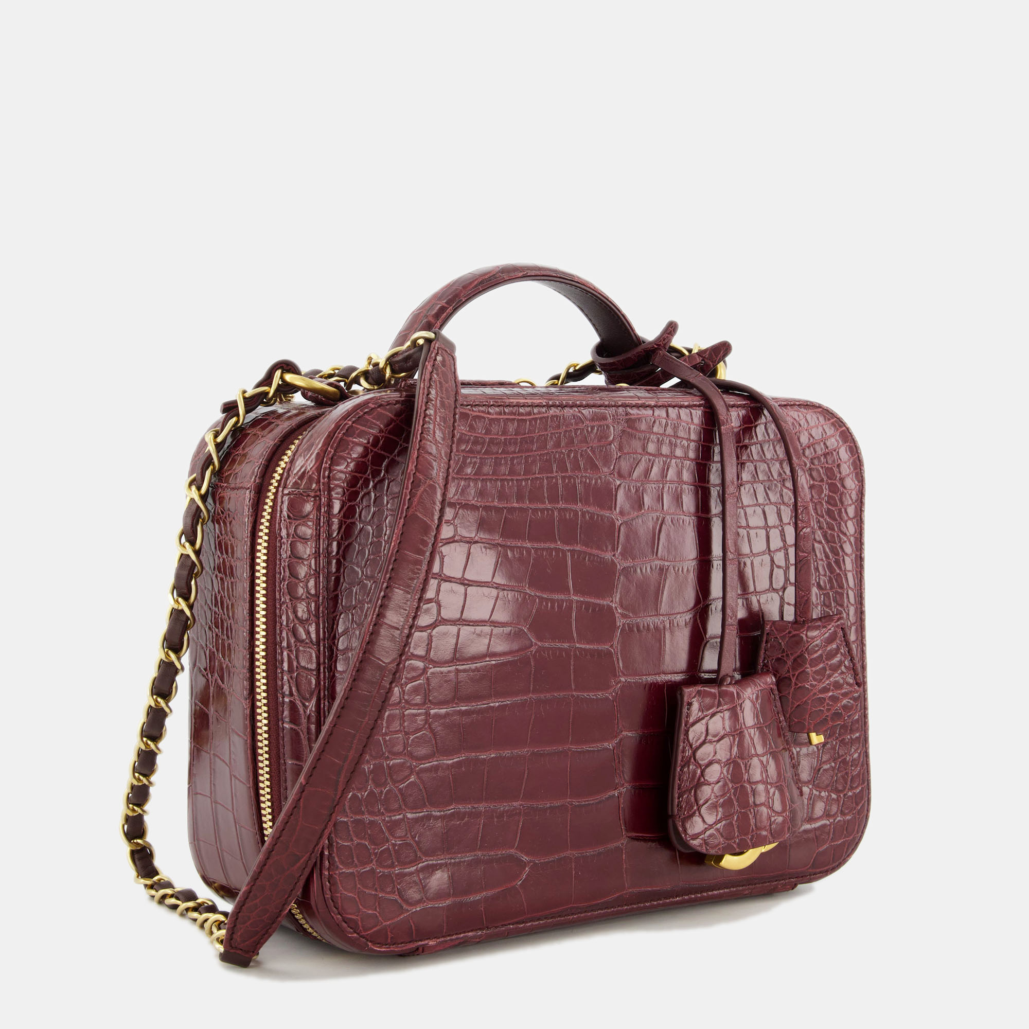 

Chanel Alligator Burgundy Top Handle Vanity Case Bag with Brushed Gold Hardware