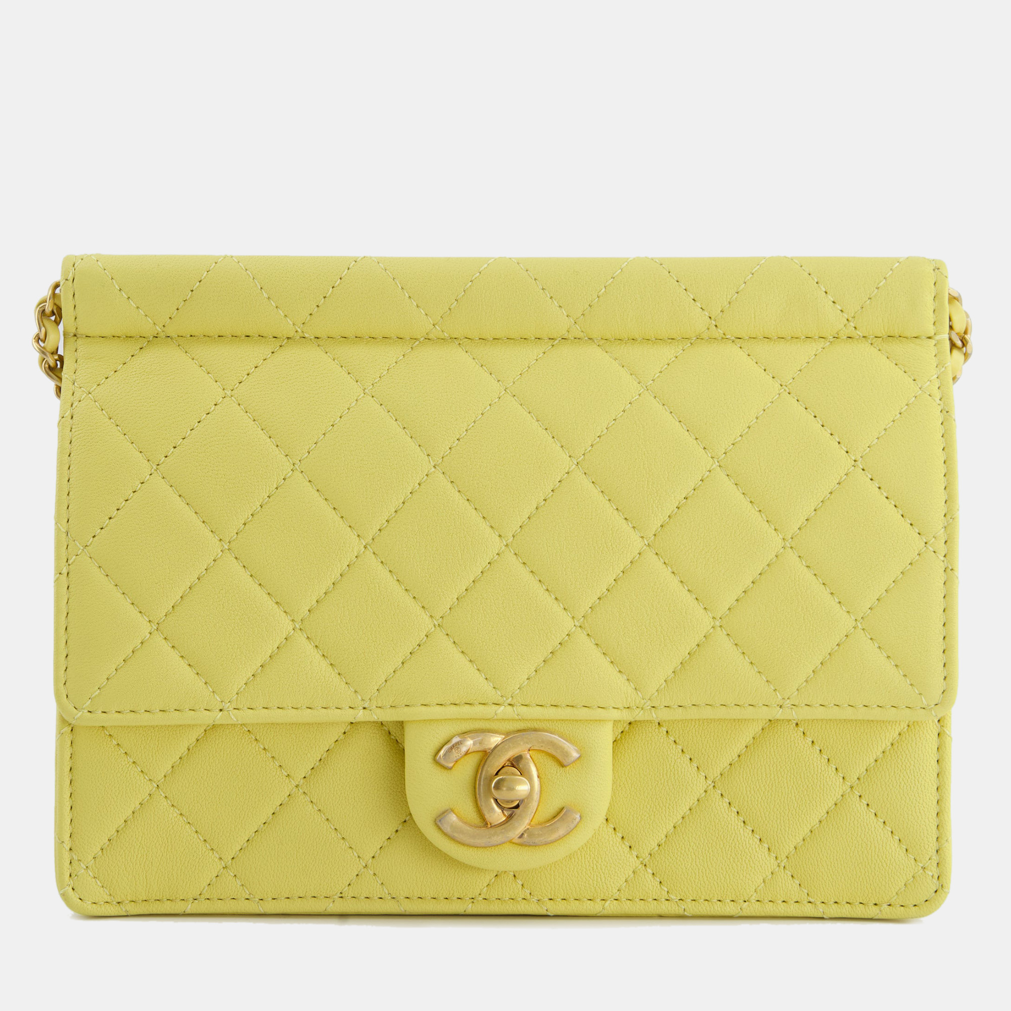 

Chanel Yellow Calfskin Flap Bag with Pearl Strap and Brushed Gold Hardware