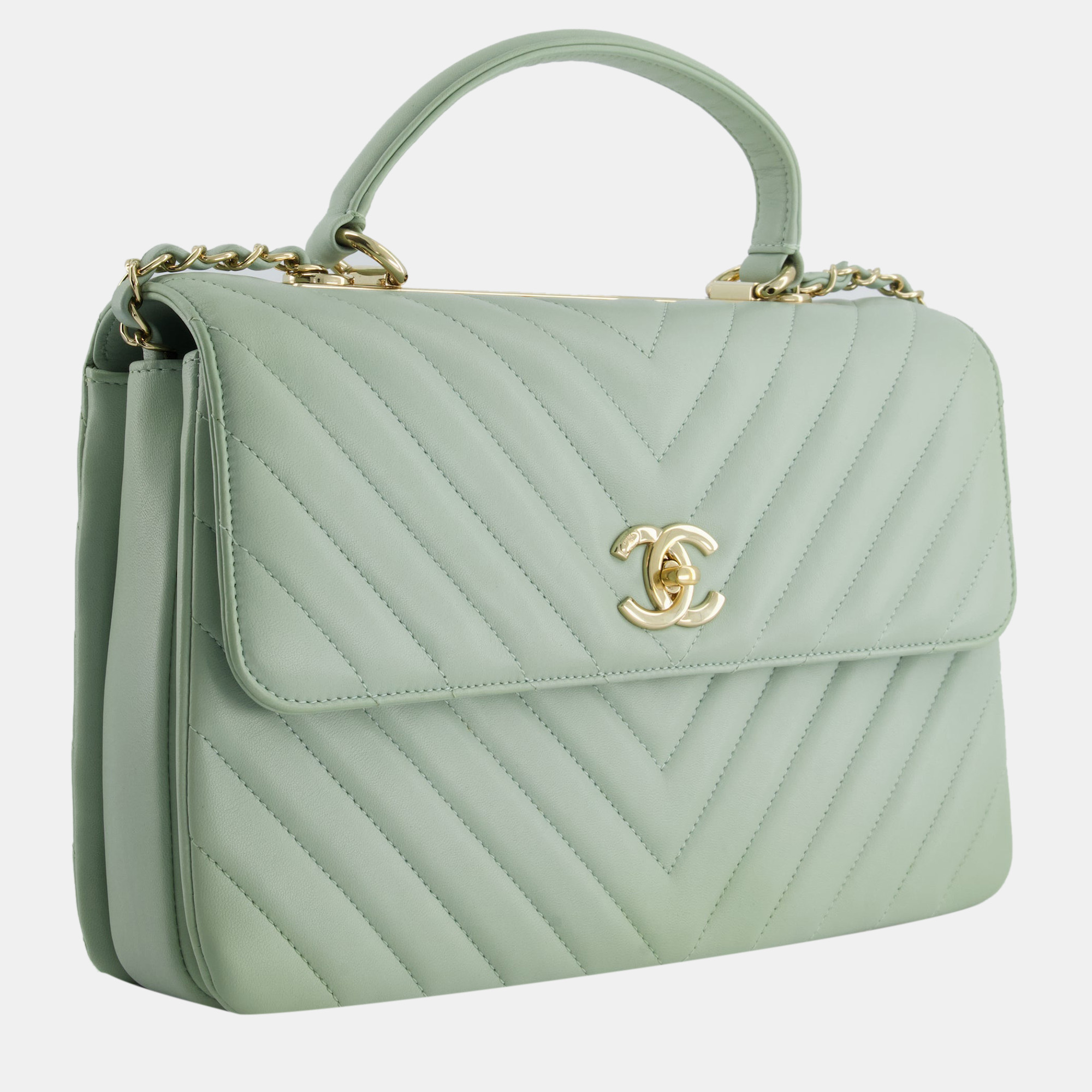 

Chanel Pastel Green Trendy CC Flap Bag in Chevron Lambskin with Champagne Gold Hardware