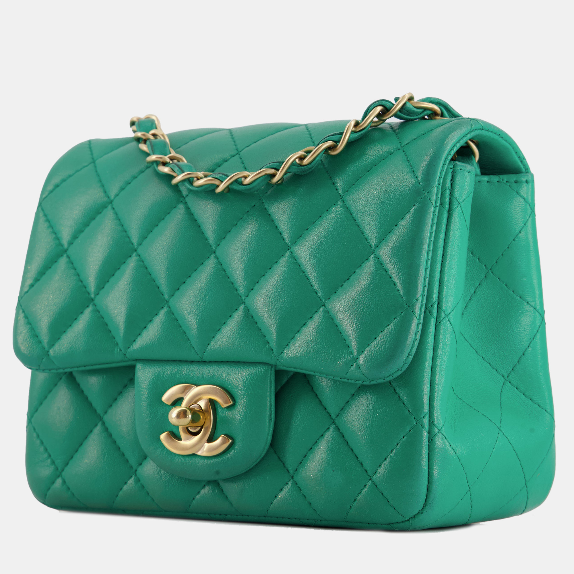 

Chanel Emerald Green Mini Square Bag in Lambskin Leather with Brushed Gold Hardware