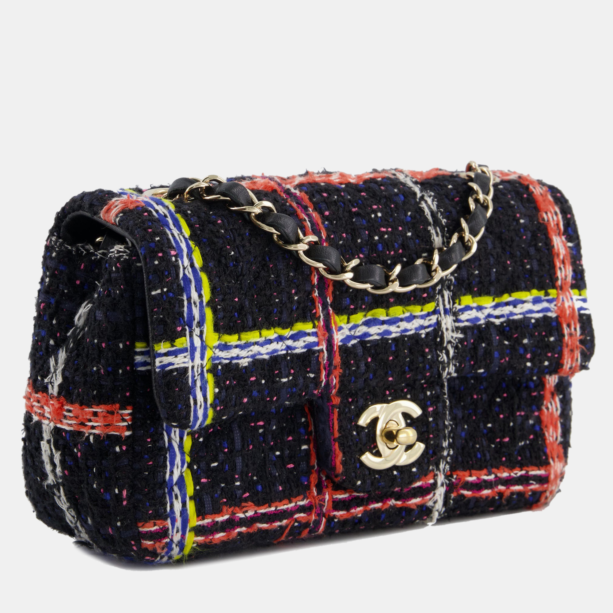 

Chanel Black, Navy, Yellow and Blue Multi-Colour Check Tweed Mini Rectangular Bag with Champagne Gold Hardware, Multicolor
