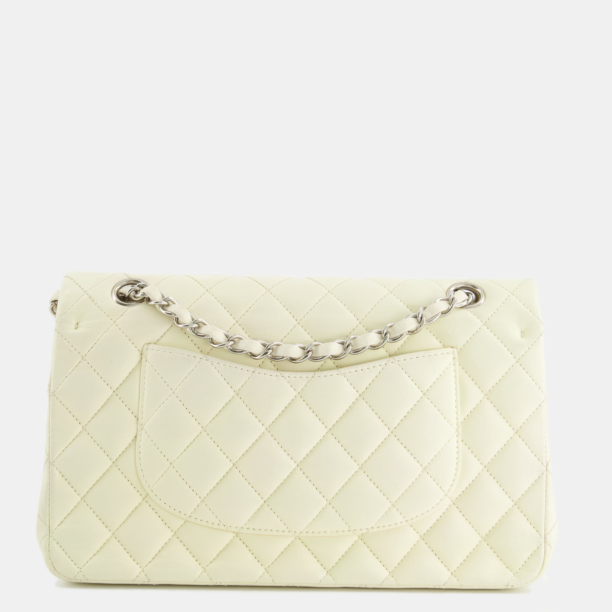 

Chanel Cream Medium Double Flap Bag in Lambskin with Silver Hardware