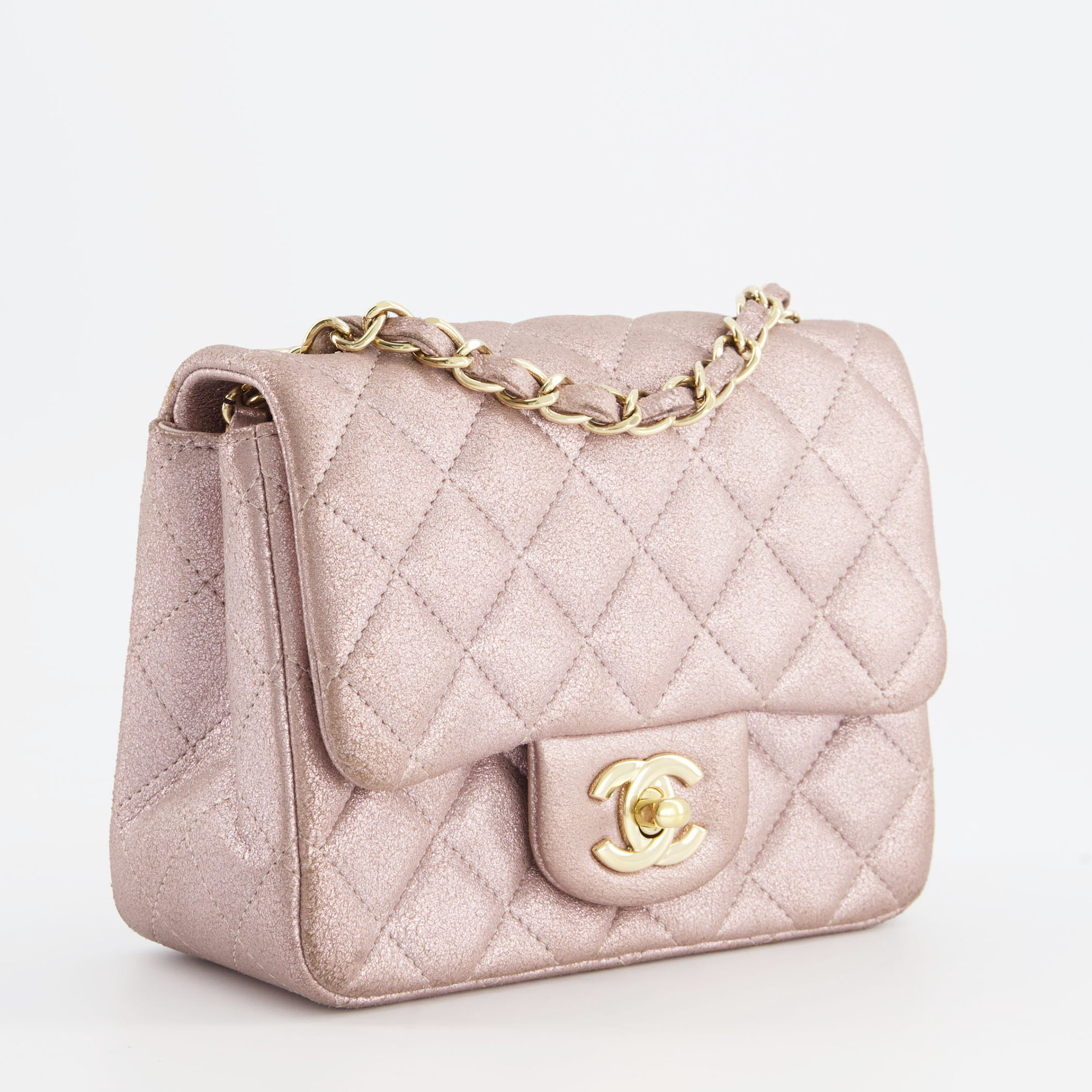 

Chanel Metallic Rose Gold Mini Square Flap Bag in Coated Calfskin with Champagne Gold Hardware, Pink