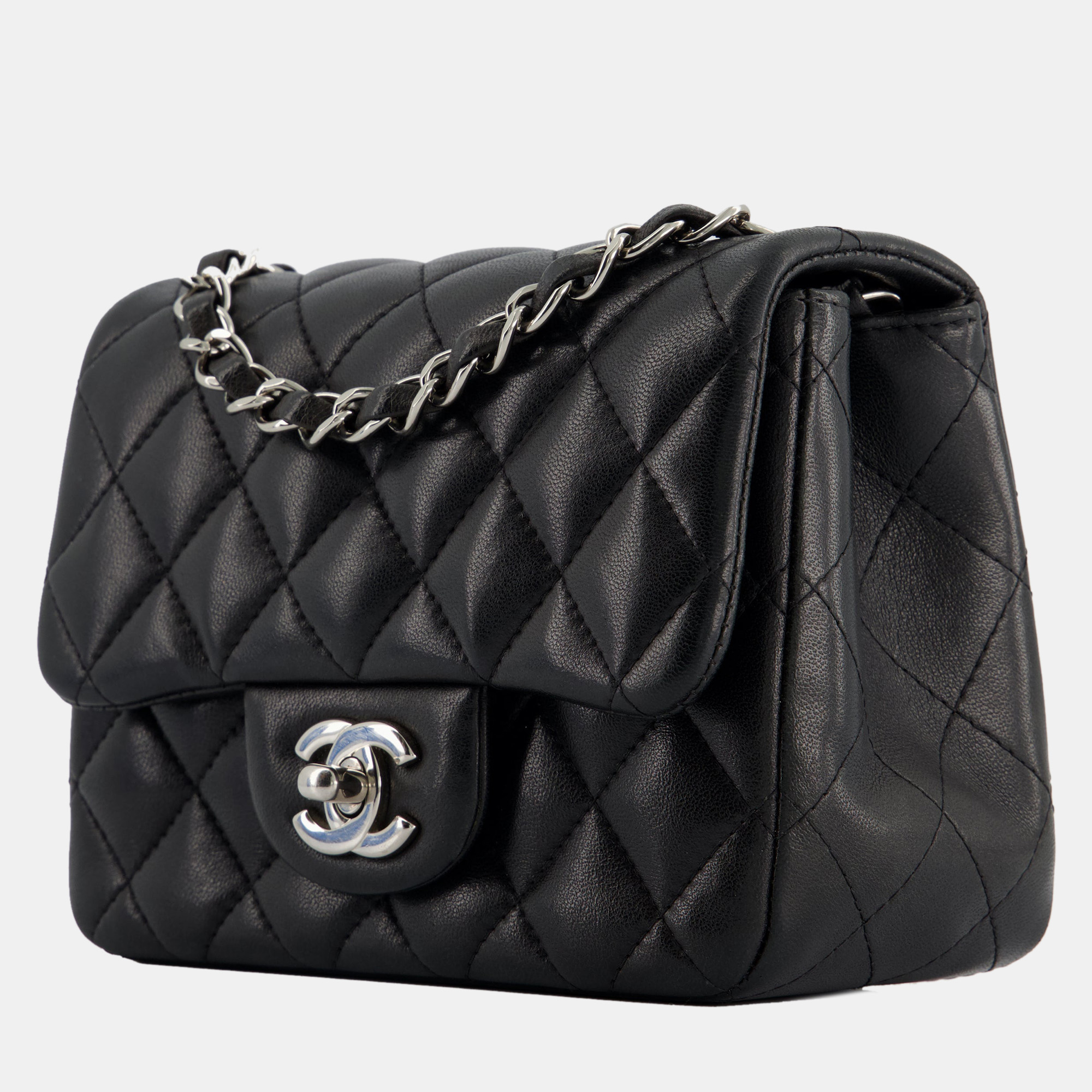 

Chanel Black Mini Square in Lambskin Leather with Silver Hardware