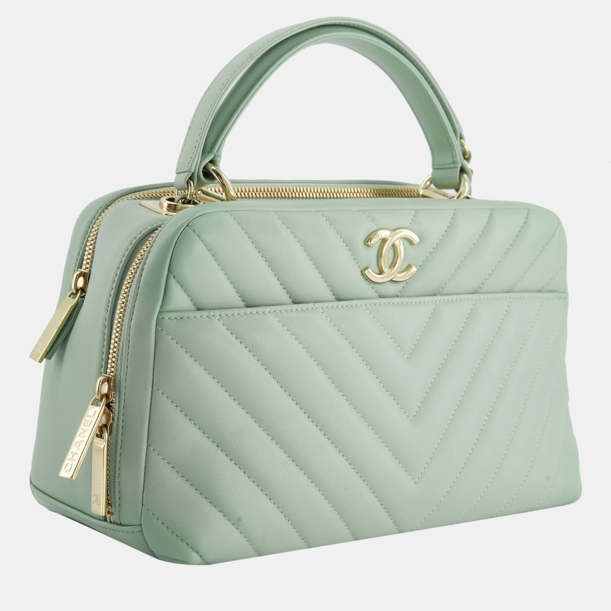 

Chanel Mint Green Trendy Bowling Bag in Lambskin Leather and Champagne Gold Hardware