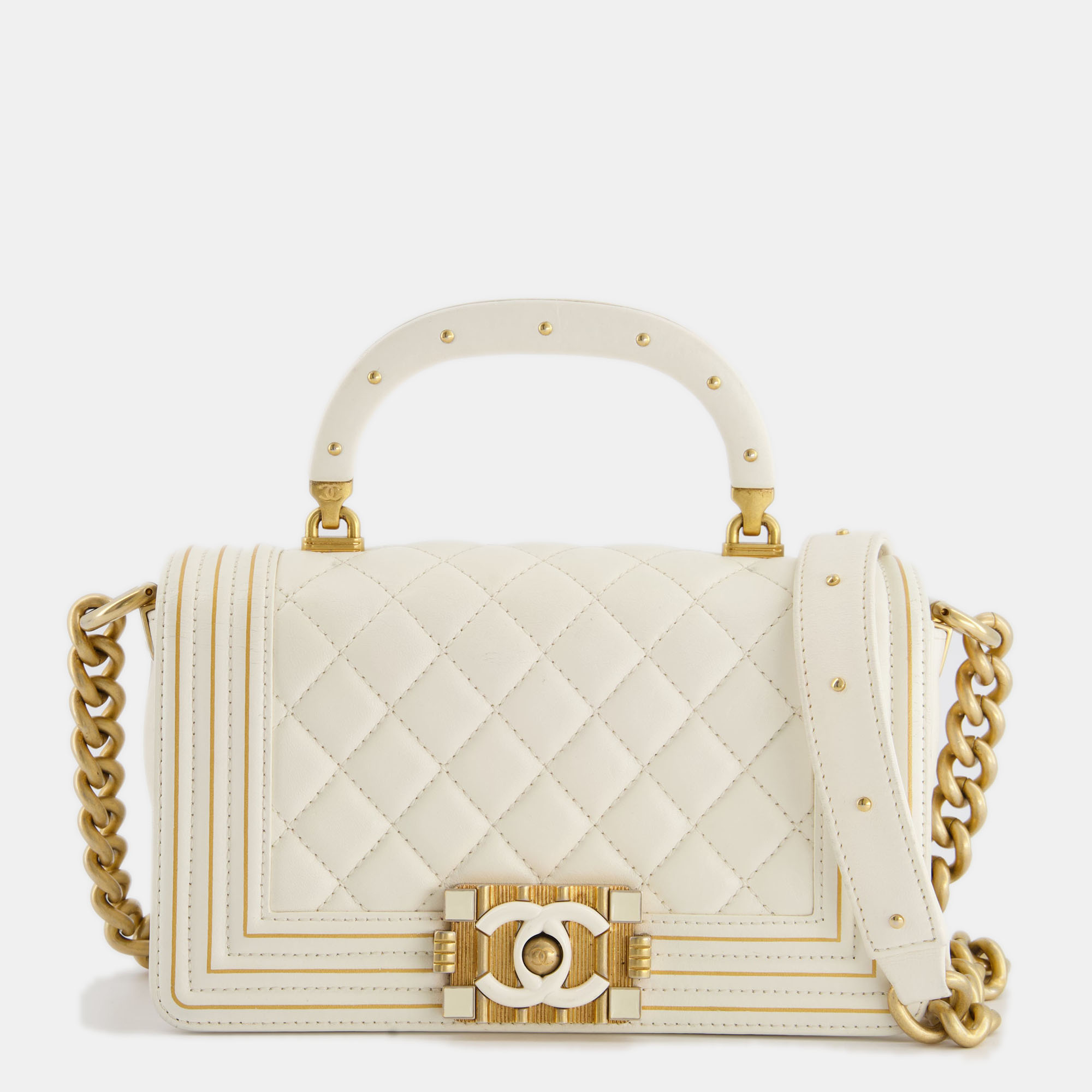 

Chanel White and Gold Small Top Handle Boy Bag in Lambskin Leather with Brushed Gold Hardware