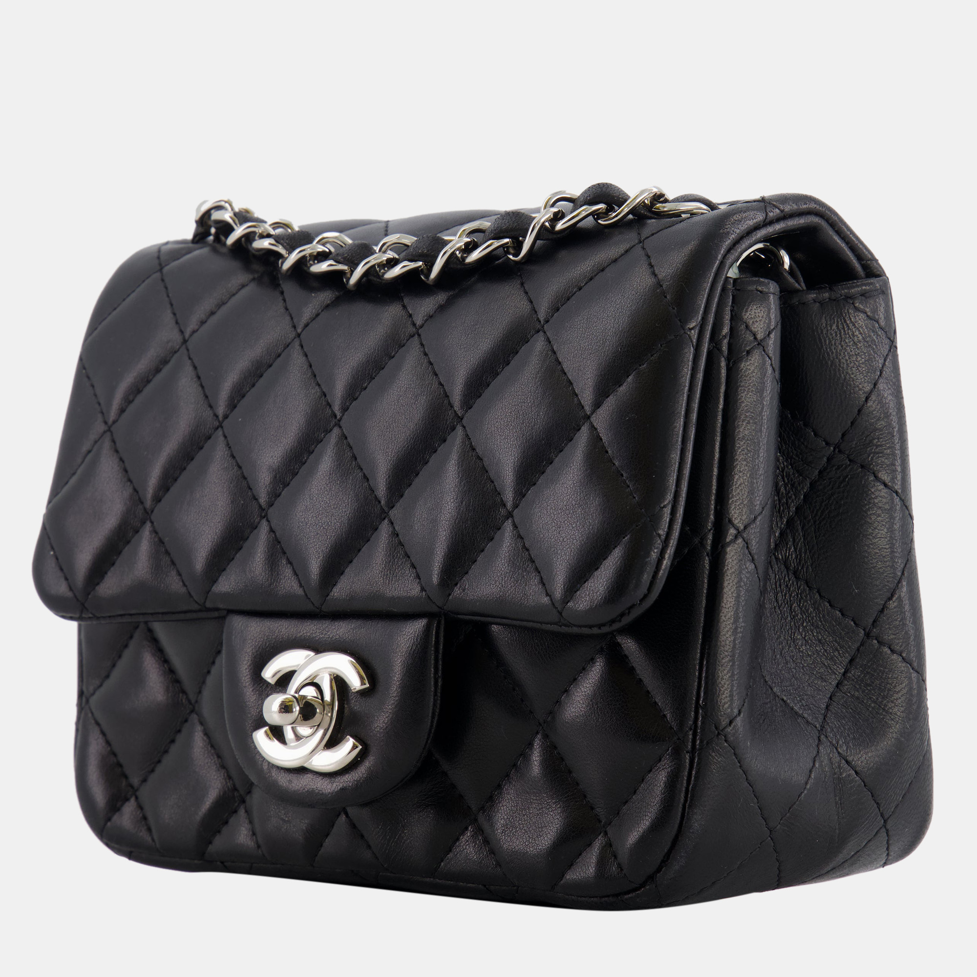 

Chanel Black Mini Square Bag in Lambskin Leather with Silver Hardware