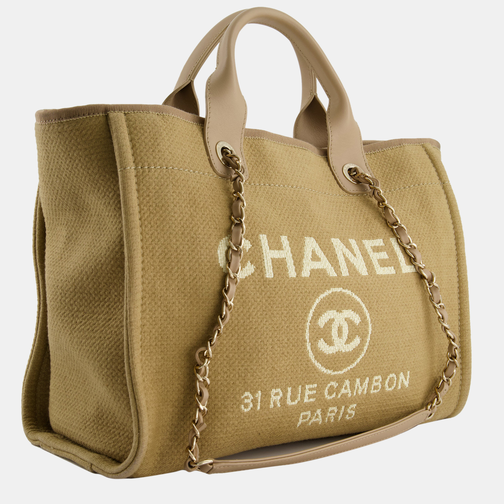 

Chanel Dark Beige Canvas Small Deauville Tote Bag with CC Logo Print and Champagne Gold Hardware