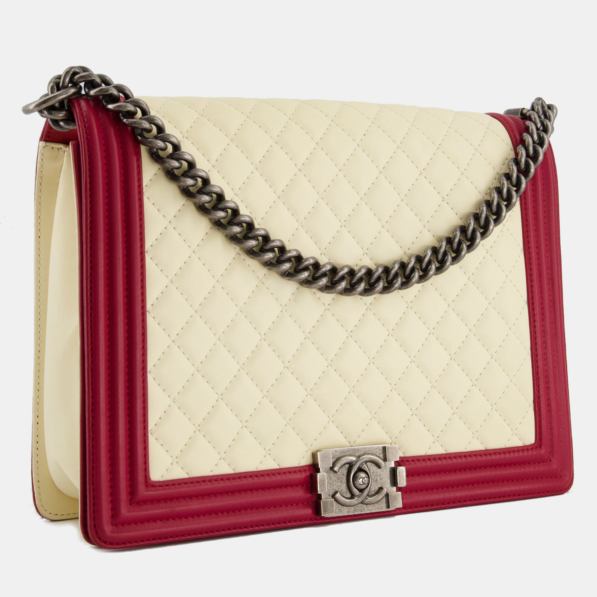 

Chanel Cream and Red Large Boy Bag in Lambskin Leather with Ruthenium Hardware