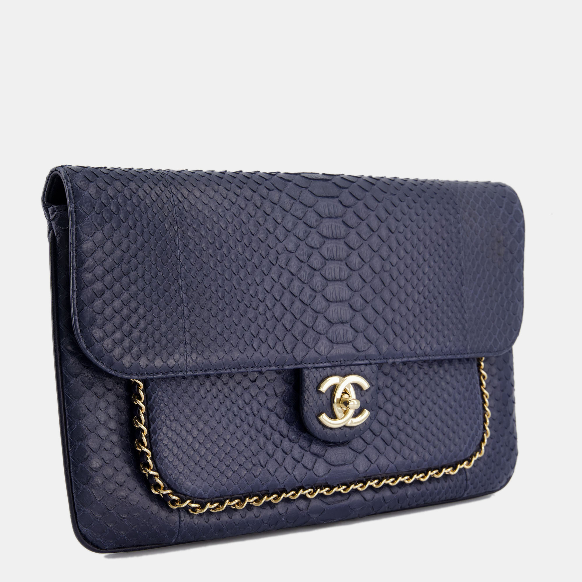

Chanel Navy Python Clutch with Champagne Gold Chain Detailing, Navy blue