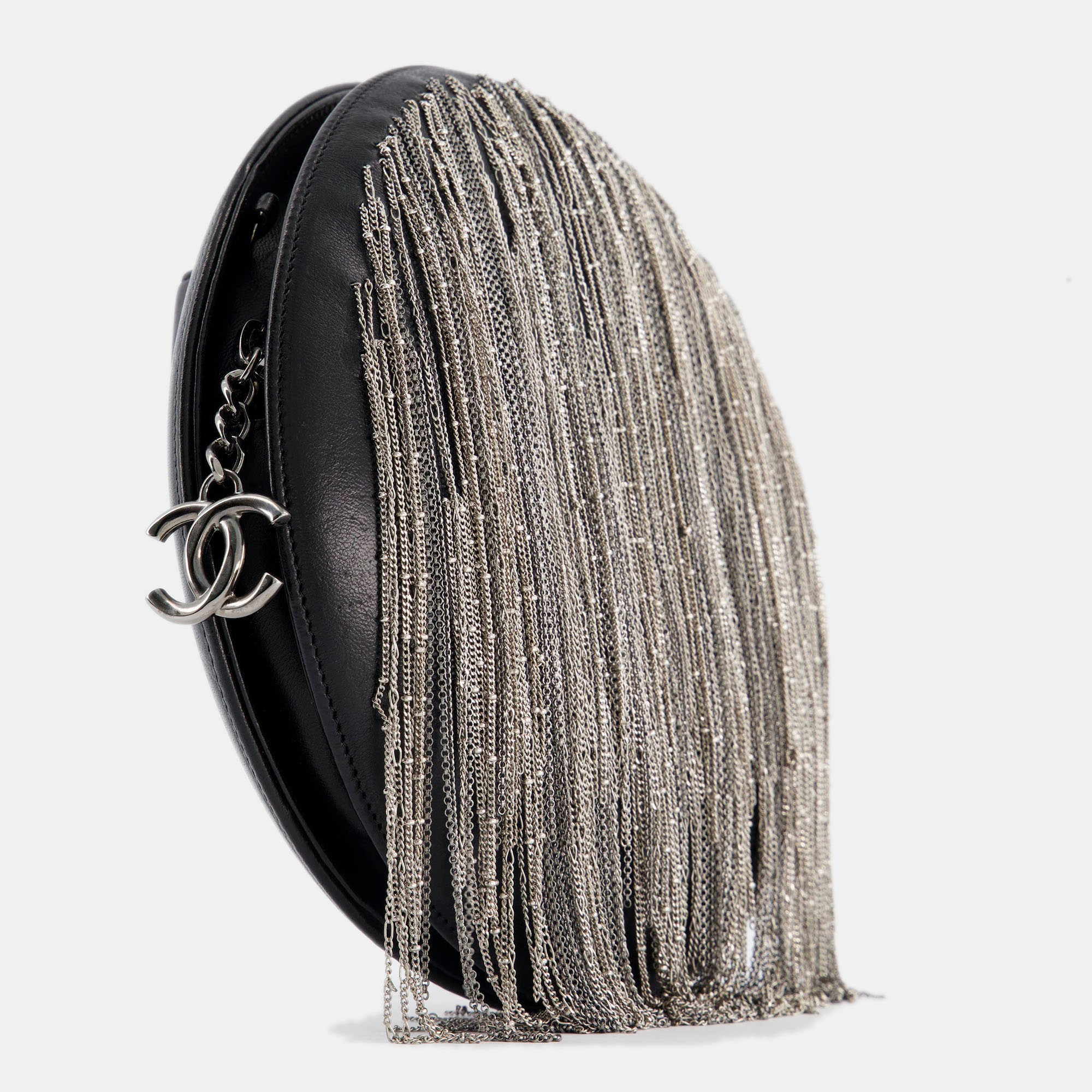 

Chanel Black Round Shoulder Bag with Silver Fringe Detail and CC Detail