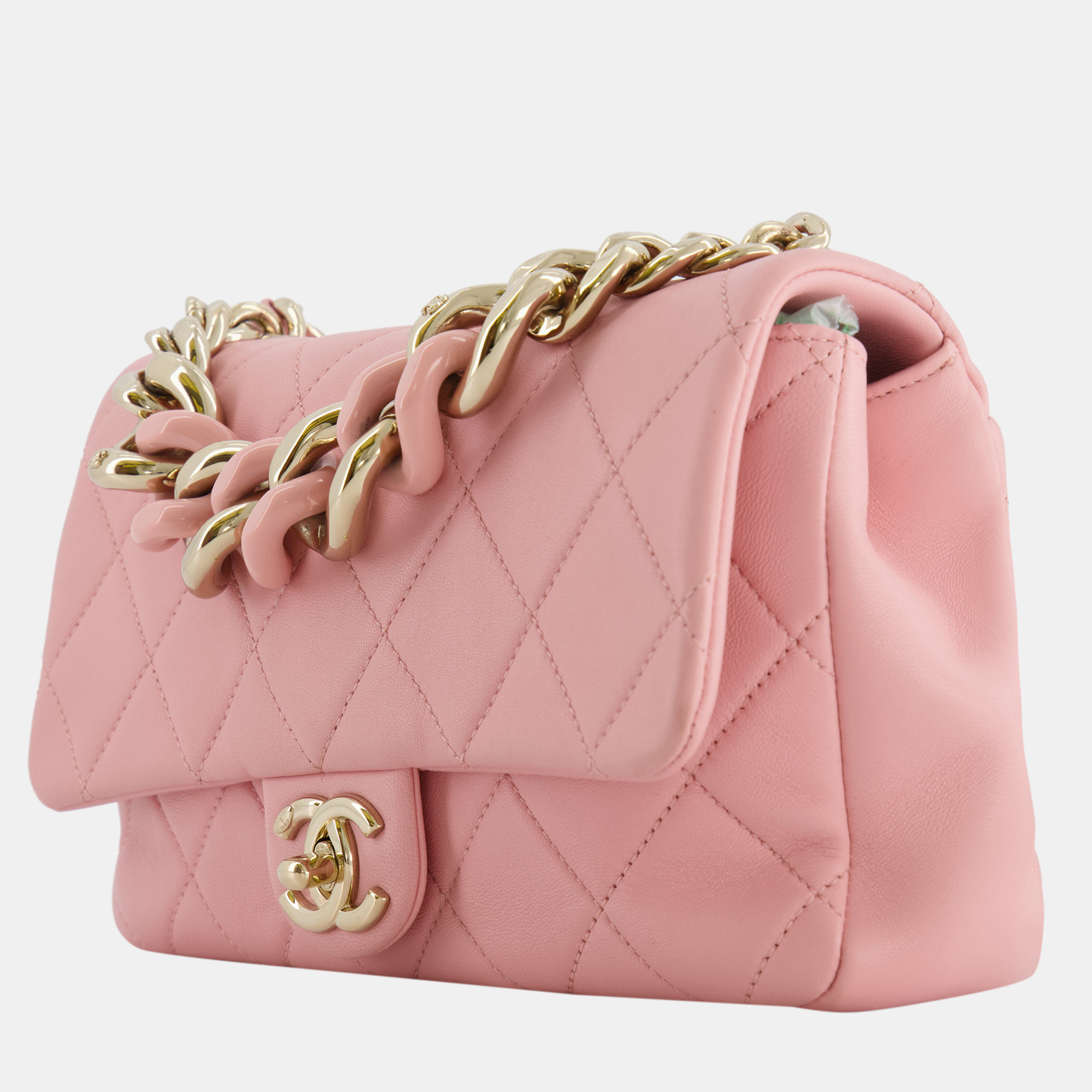 

Chanel Baby Pink Medium Single Flap Chained Bag with Champagne Gold Hardware
