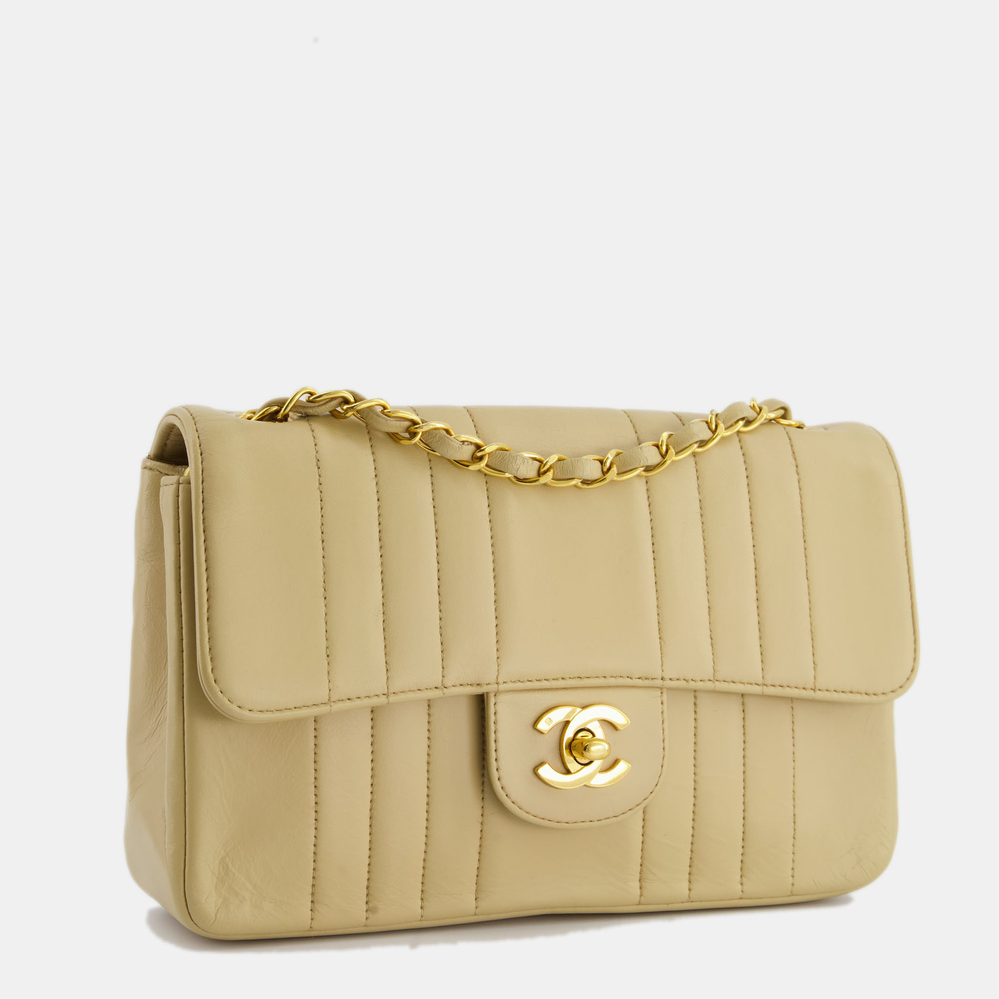 

Chanel Vintage Beige Mademoiselle Vertical Stitch Bag in Lambskin Leather with 24K Gold Hardware