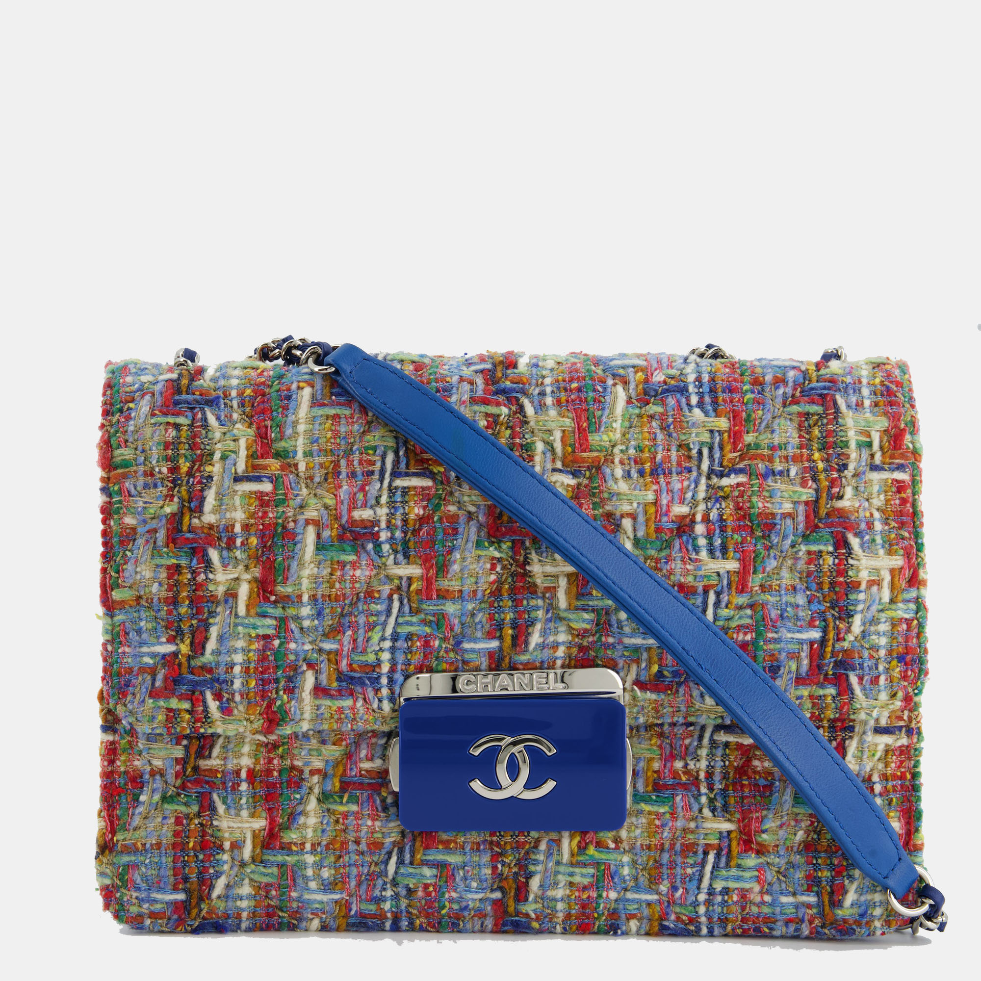 

Chanel Multi-Colour Tweed Flap Bag with Electric Blue Lambskin Detail and Silver Hardware, Multicolor