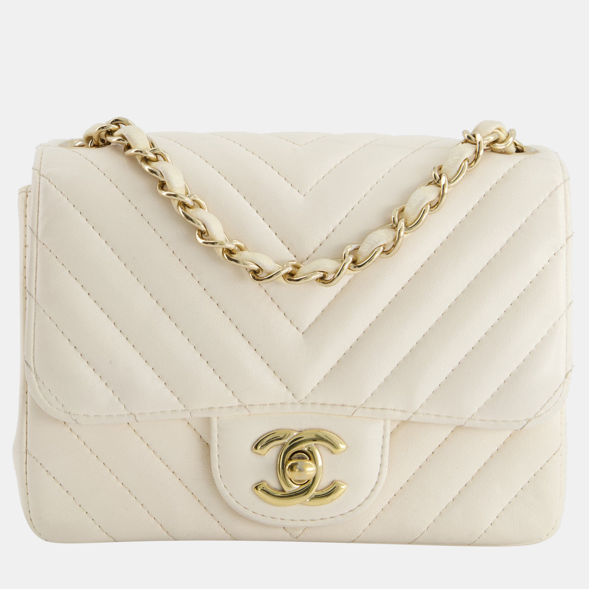 Pre-owned Chanel White Mini Square Bag In Chevron Lambskin Leather With Champagne Gold Hardware