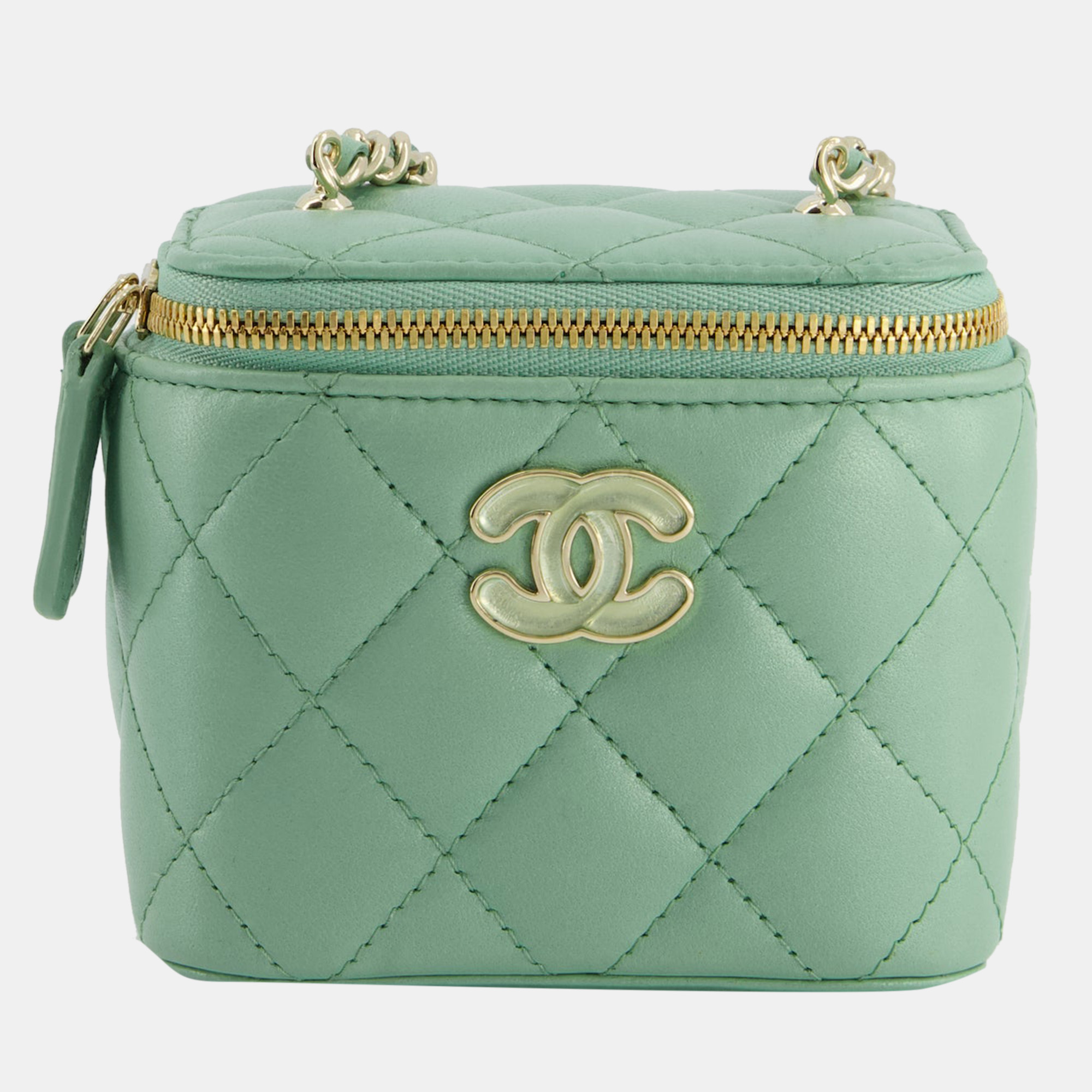 

Chanel Pistachio Green Coco Crush Mini Vanity Bag in Lambskin Leather with Champagne Gold & Green Enamel Hardware