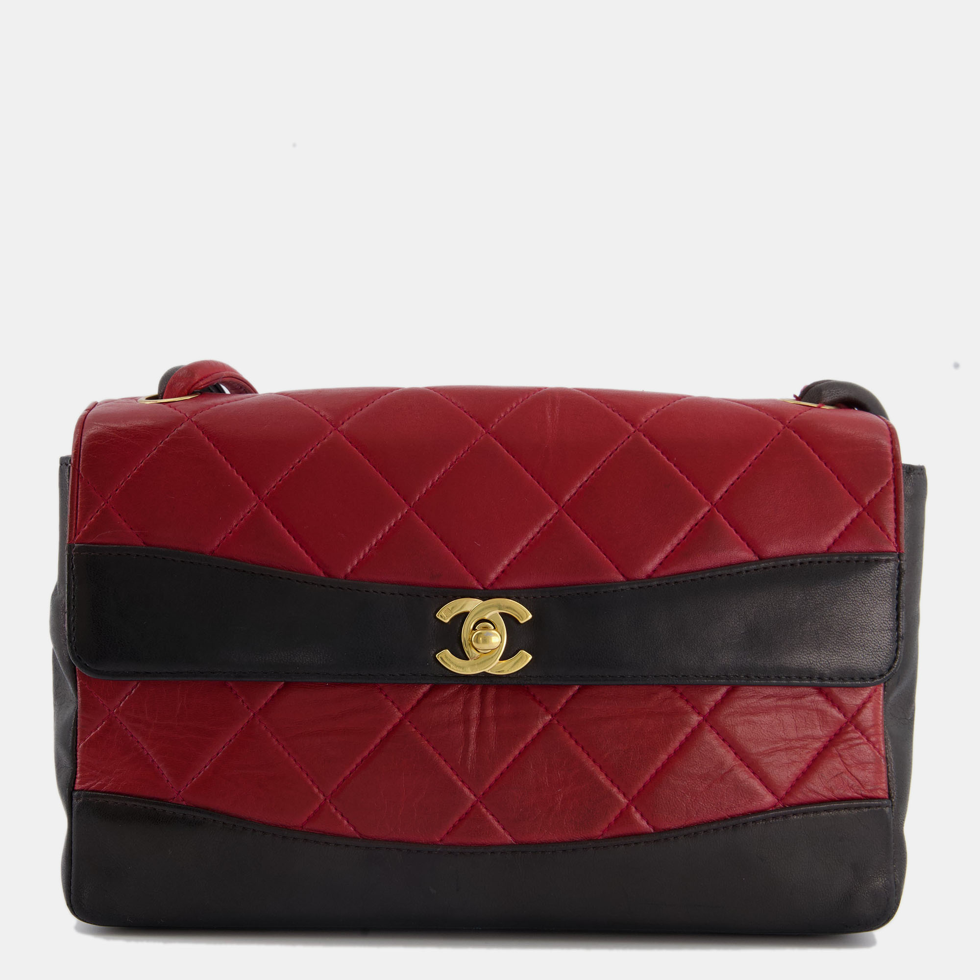 

Chanel Vintage Black and Red Lambskin Border Single Flap Bag with Knot Handle & 24k Gold Hardware