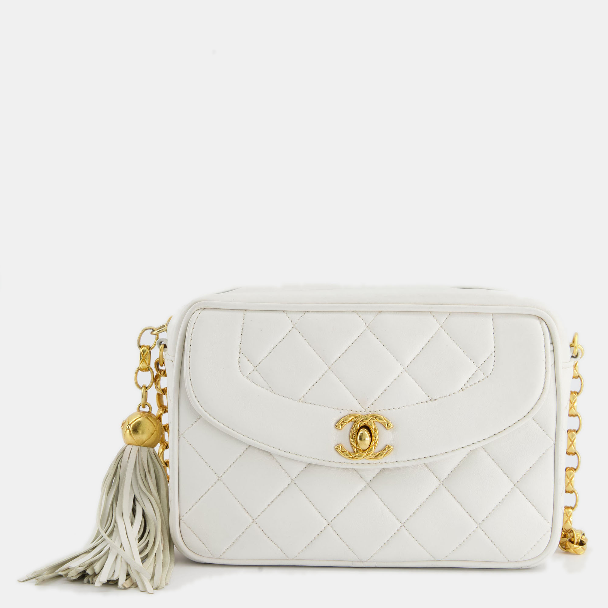 

Chanel Vintage White Camera Flap Bag in Lambskin Leather with 24K Gold Hardware