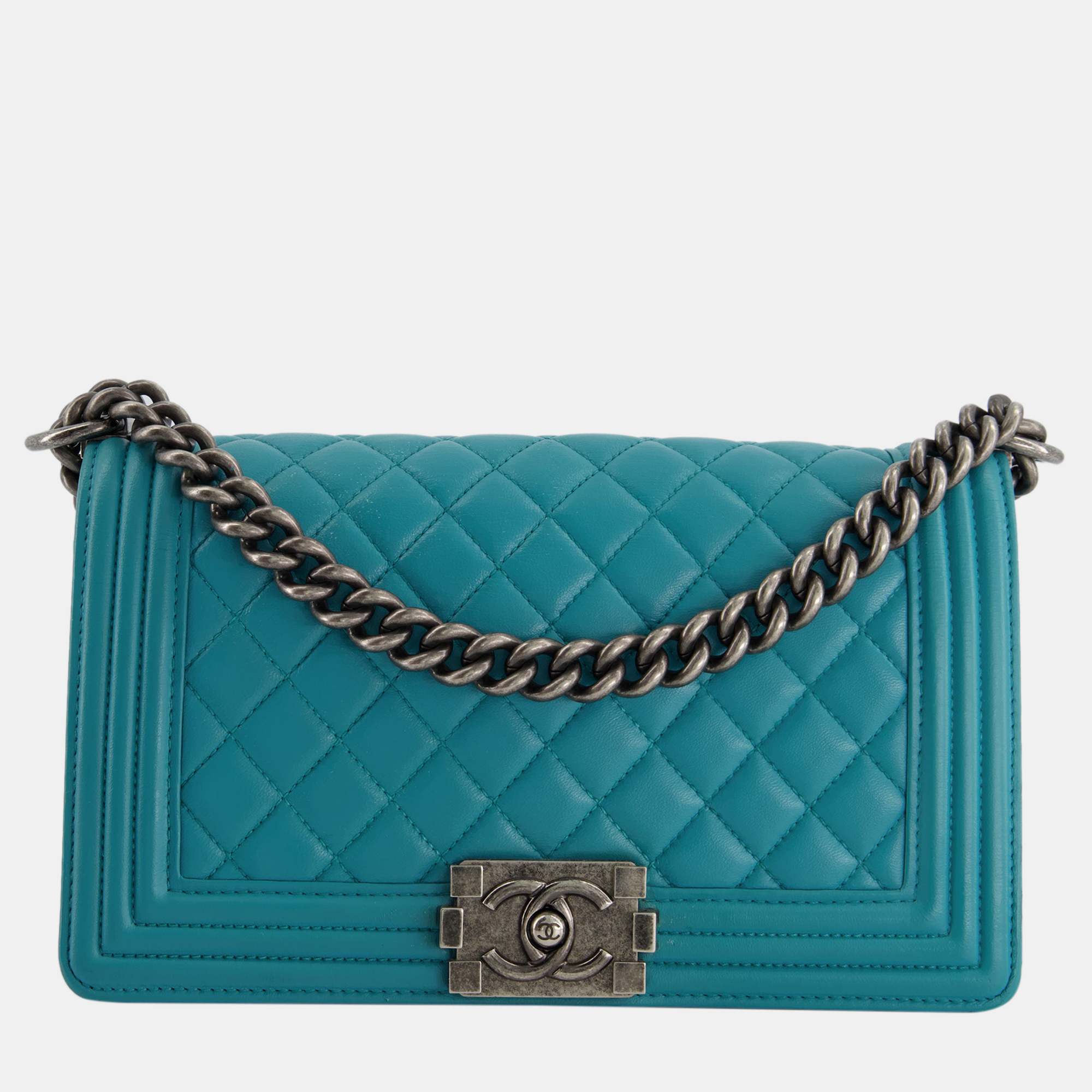 

Chanel Teal Blue Medium Boy Bag in Lambskin Leather with Ruthenium Hardware