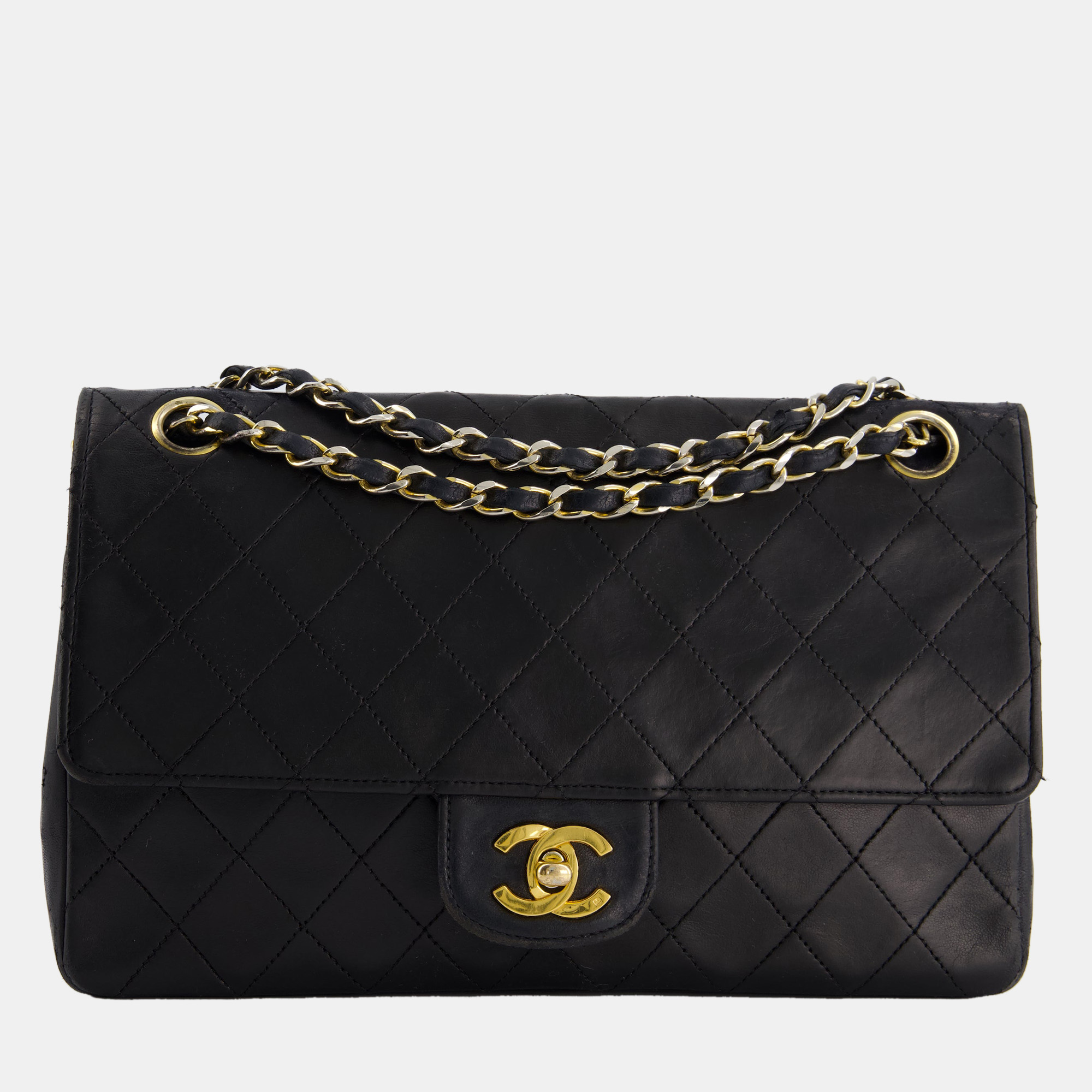 

Chanel Black Vintage Classic Stitched Edge Medium Double Flap Bag in Lambskin Leather with 24k Gold Hardware