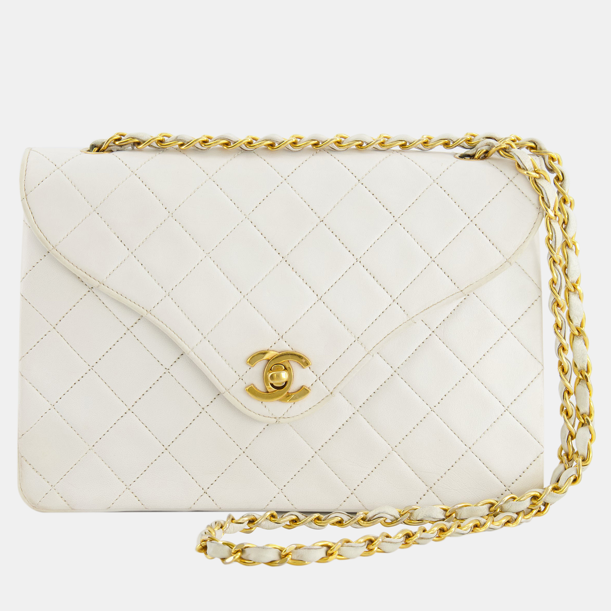 

Chanel Vintage White Quilted Lambskin Single Flap Bag with 24k Gold Hardware