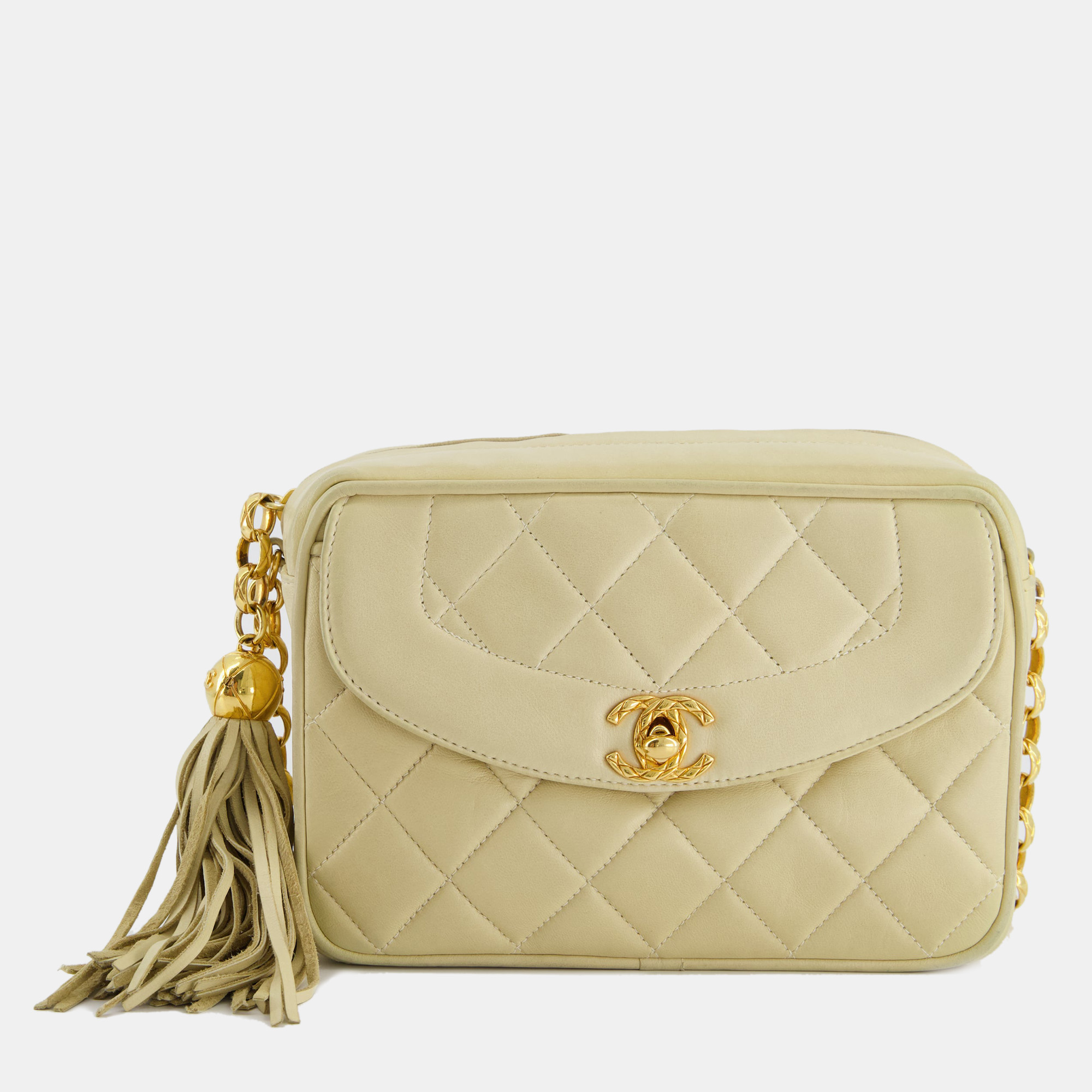 

Chanel Vintage Beige Small Camera Flap Bag in Lambskin Leather with Gold Hardware