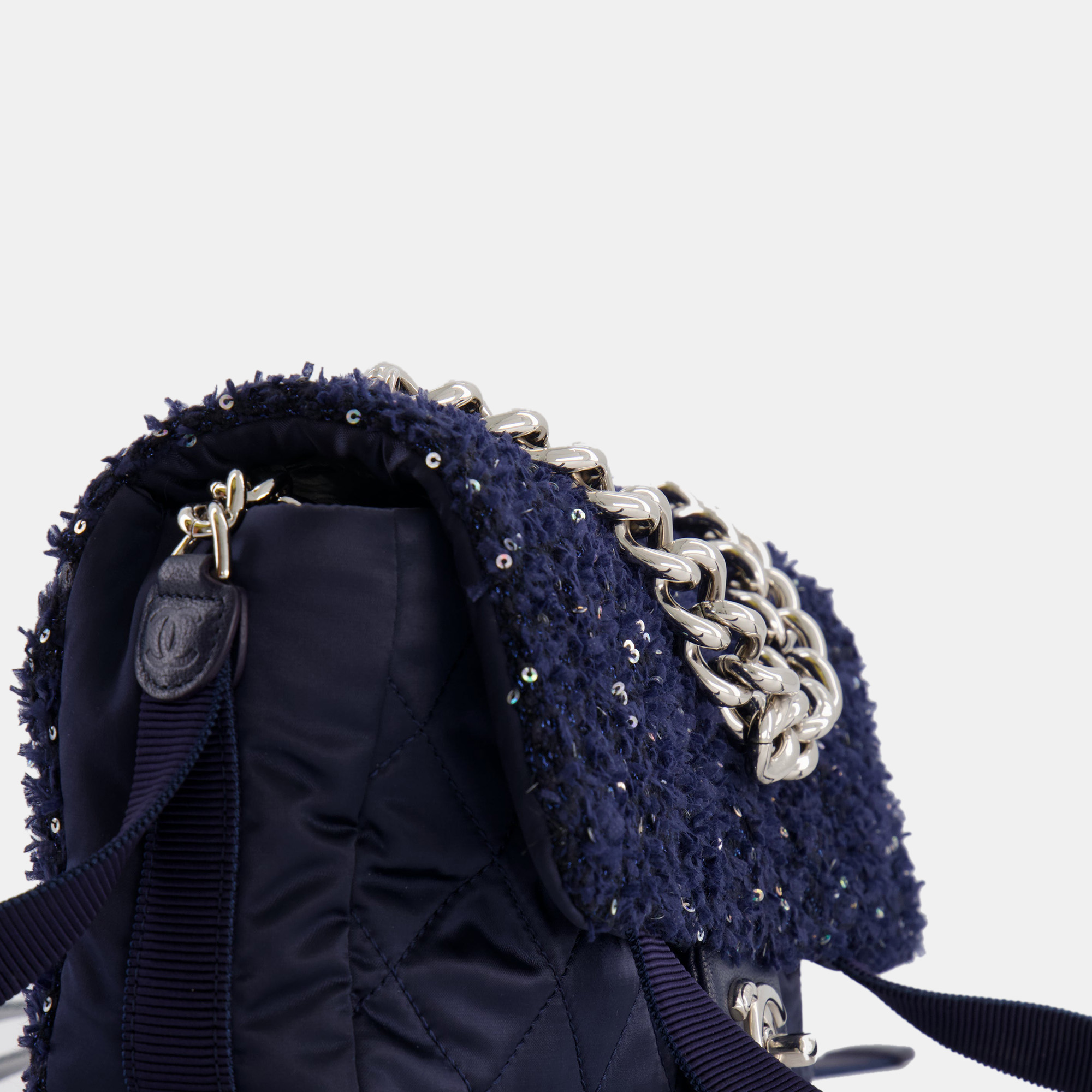 

Chanel Navy Sequin Tweed and Nylon Astronaut Flap Bag with Silver Hardware, Navy blue