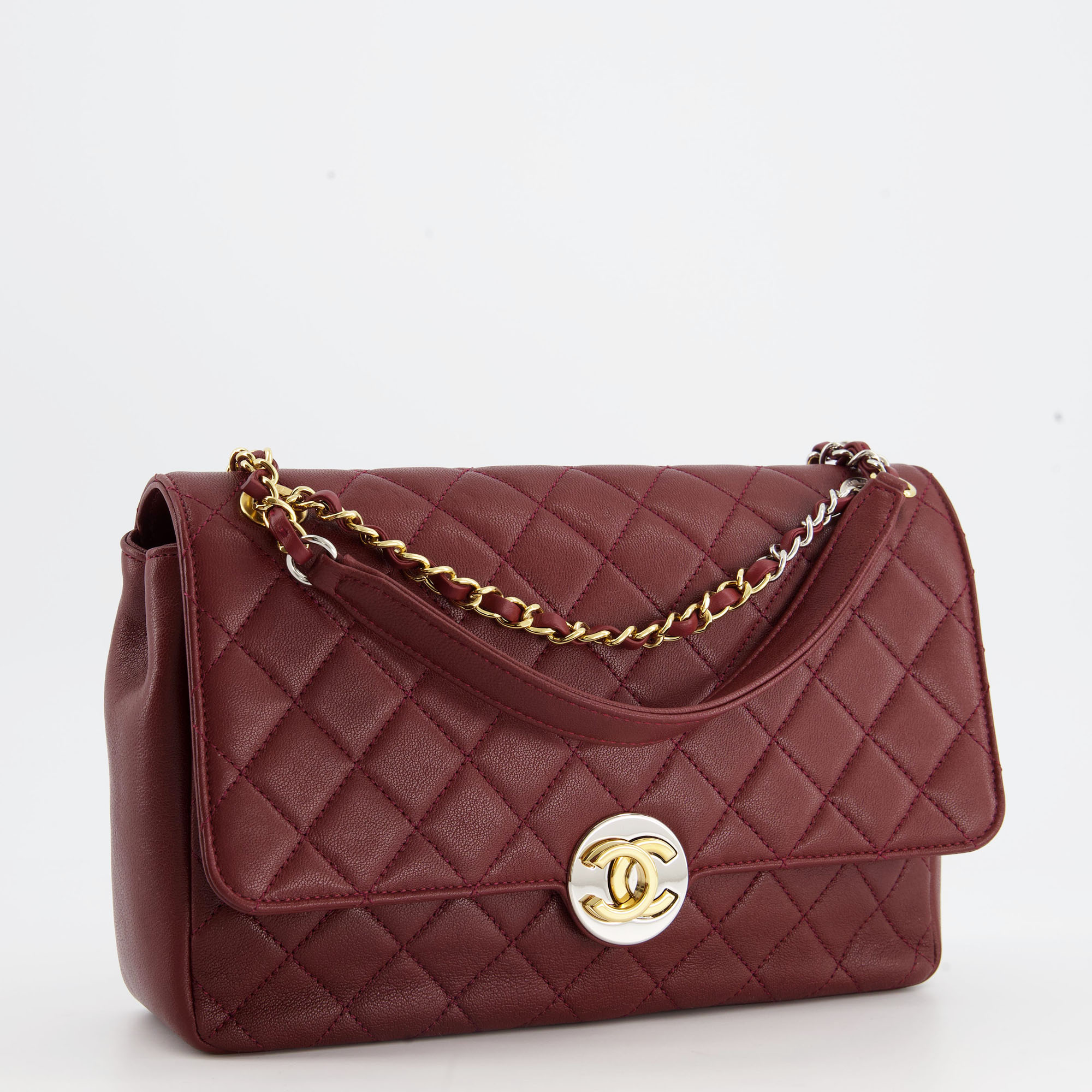 

Chanel Burgundy CC Single Flap Bag in Lambskin with Gold and Silver Hardware, Red