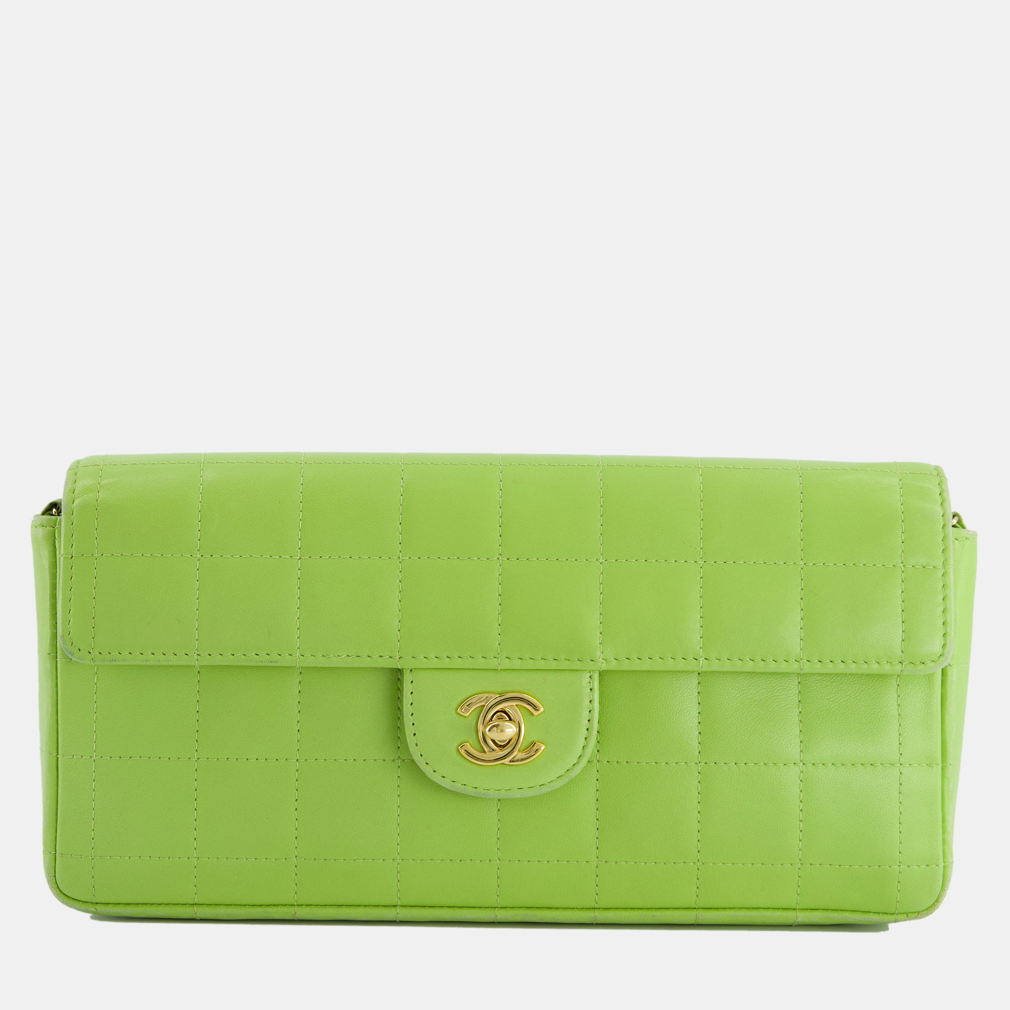 

Chanel Lime-Green East-West Quilted Chocolate Bar Flap Bag in Lambskin with 24k Gold Hardware