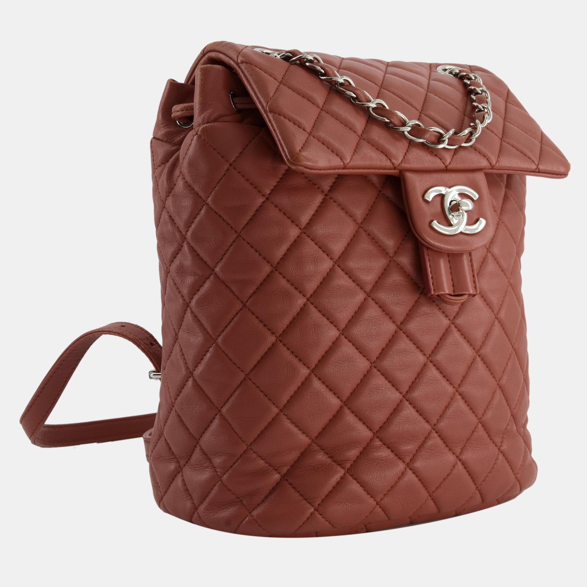 

Chanel Terracotta Lambskin Leather Quilted Backpack Bag with Silver Hardware, Brown