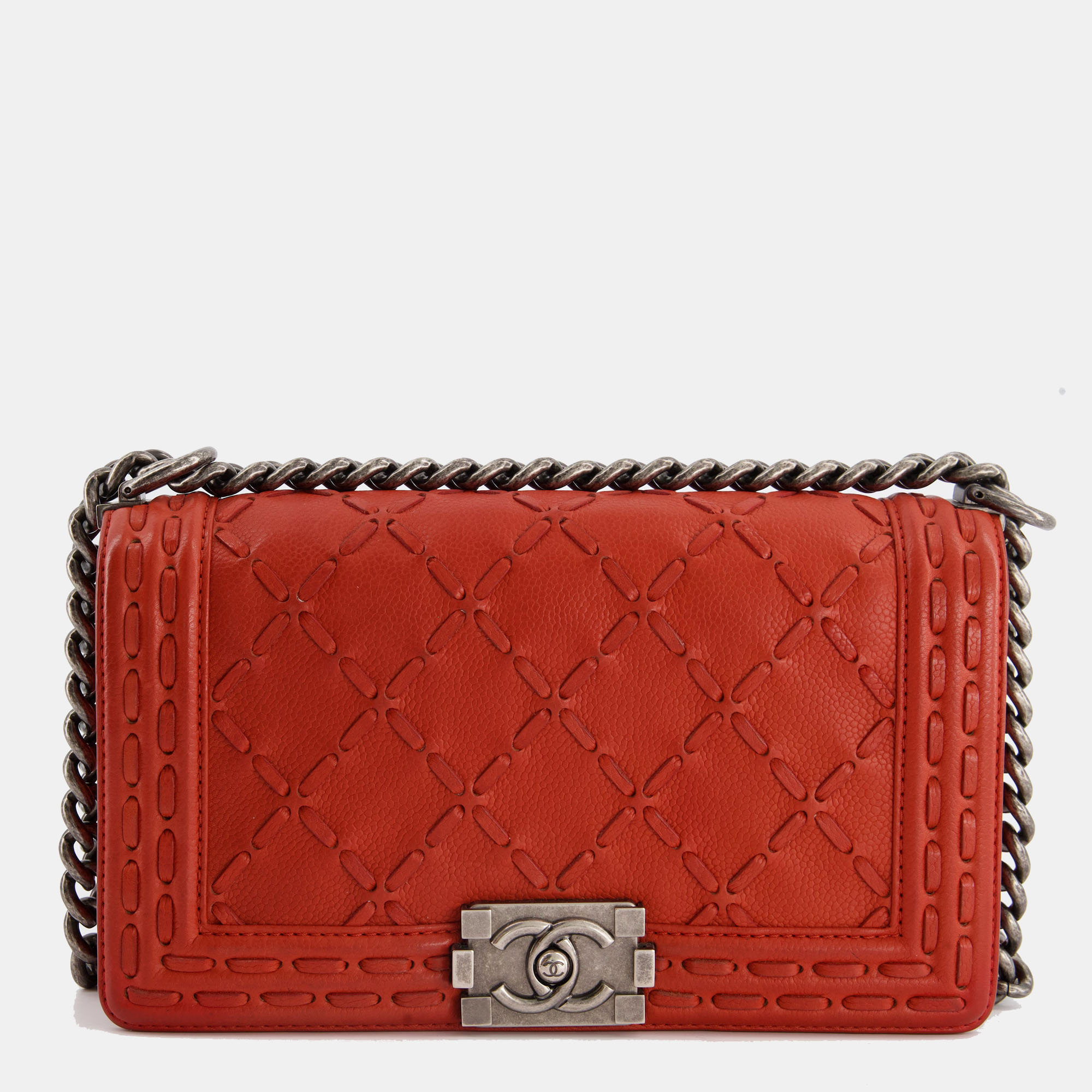 

Chanel Burnt Orange Medium Boy Bag with Stitch Detail in Caviar Leather and Ruthenium Hardware