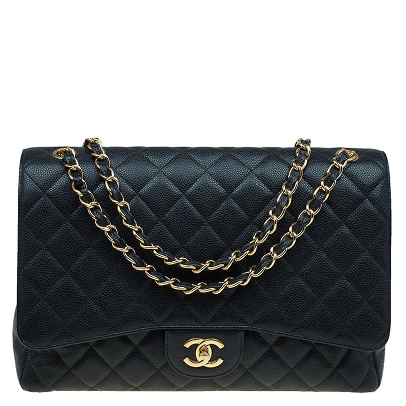 Pre Owned Chanel Black Quilted Caviar Leather Maxi Classic Flap Bag