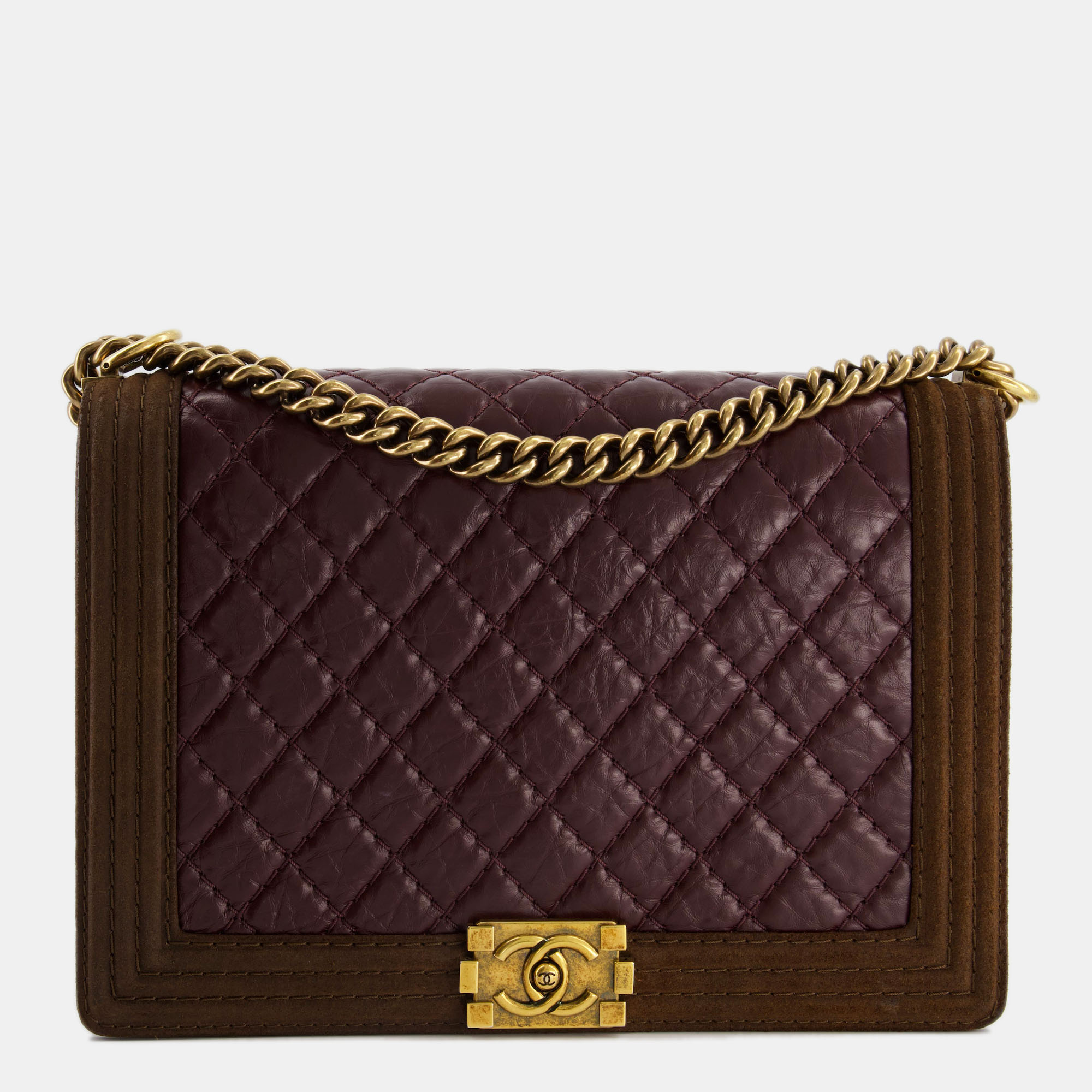 

Chanel Burgundy with Brown Suede Large Boy Bag in Aged Calfskin Leather with Aged Gold Hardware