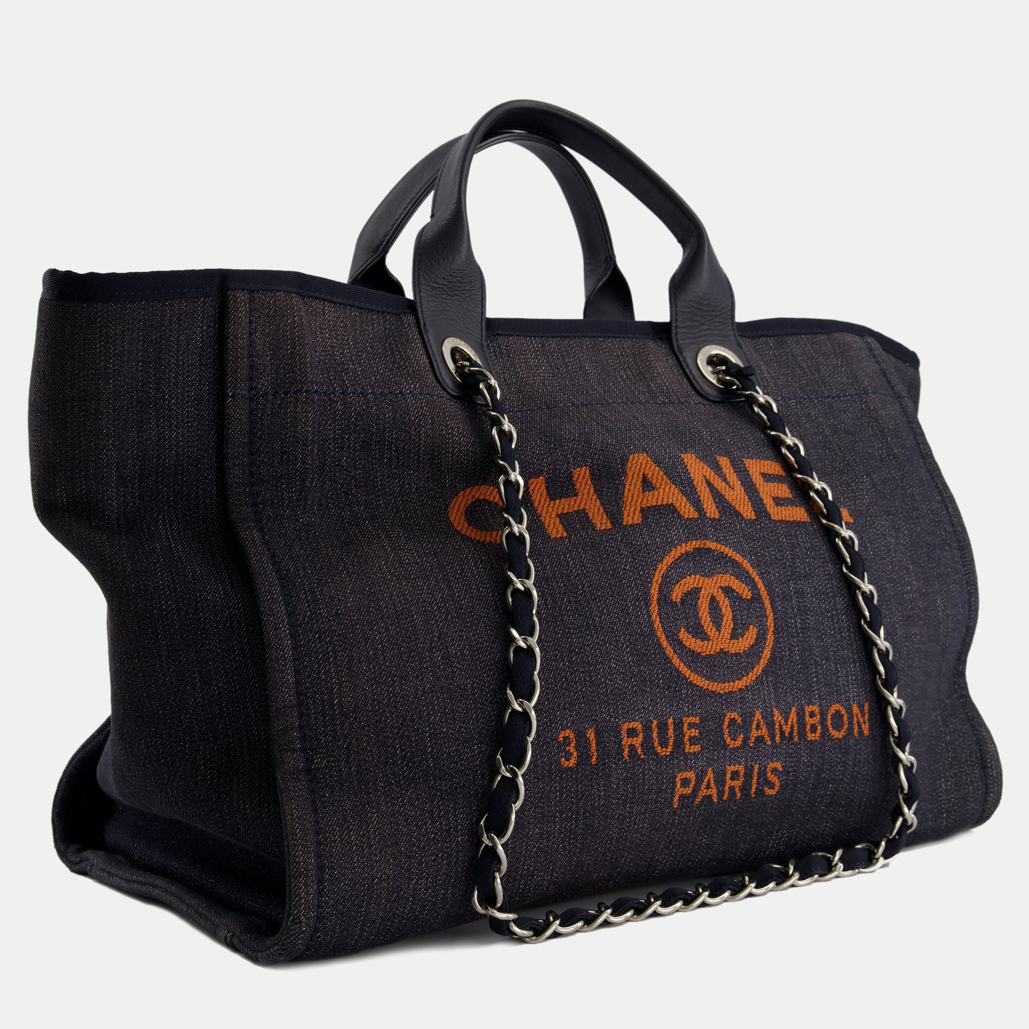 

Chanel Navy and Orange Canvas Medium Deauville Tote Bag with Silver Hardware, Navy blue