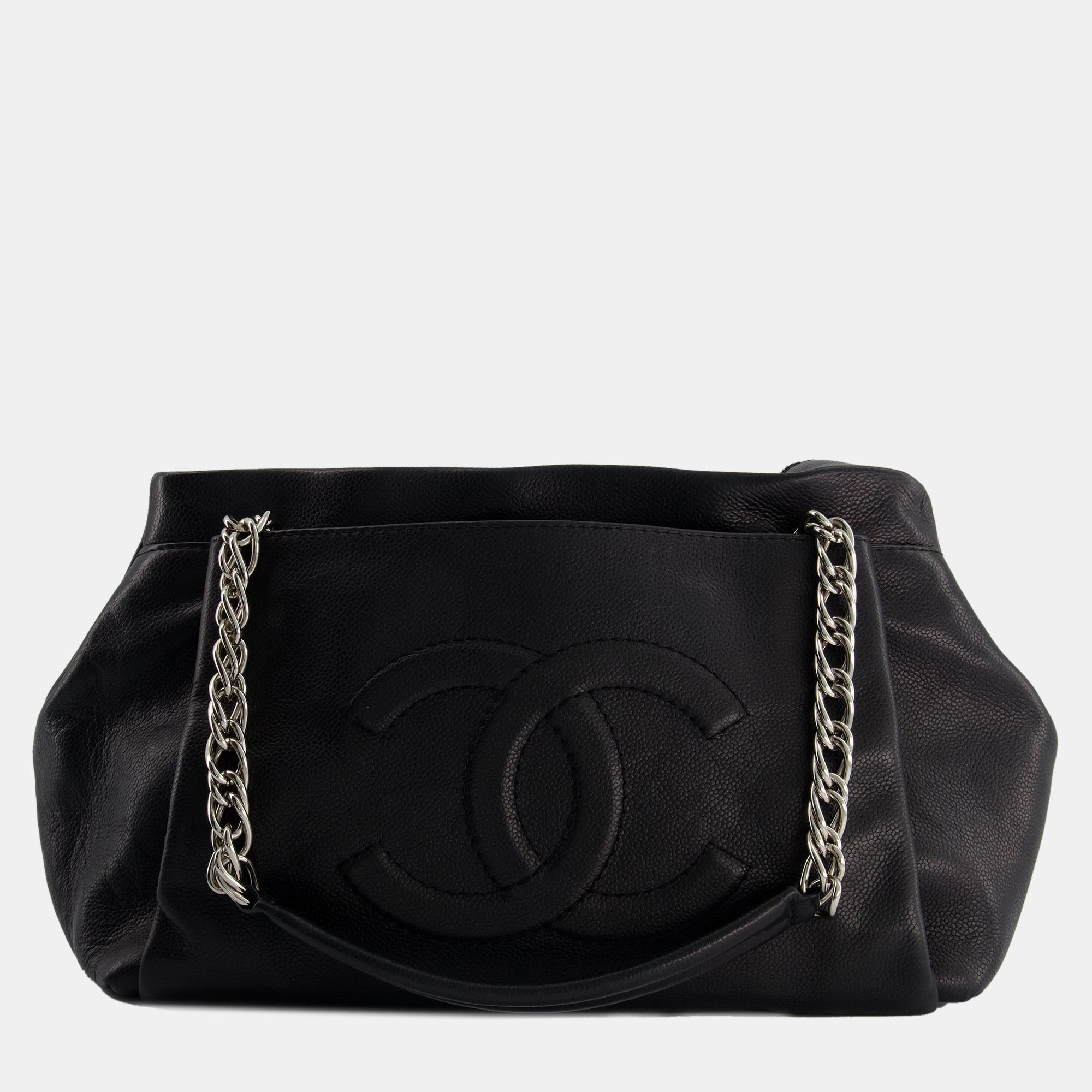 Chanel Black Caviar Leather CC Logo Shoulder Bag with Silver