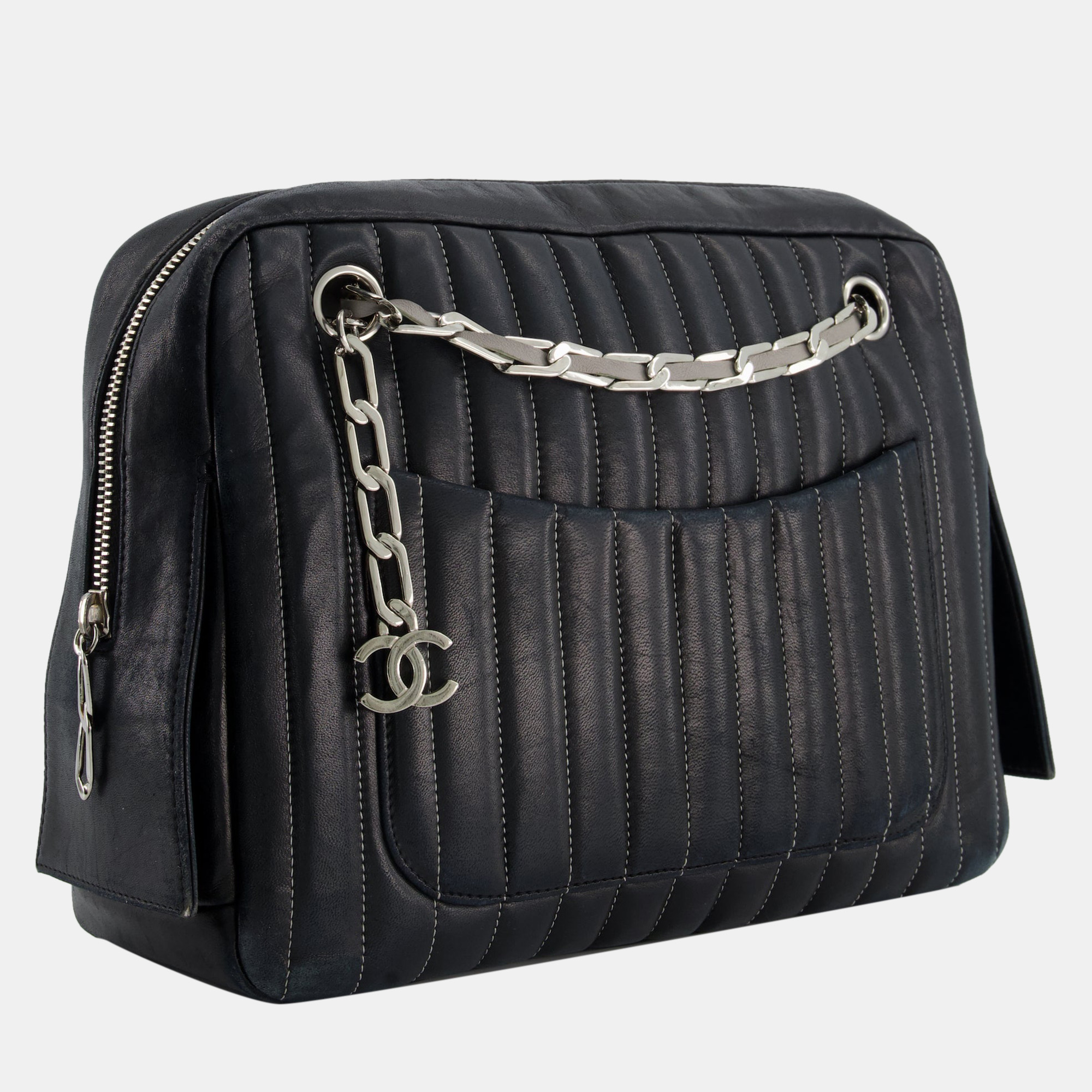 

Chanel Black with White Vertical Stitch Mini Shoulder Bag in Lambskin Leather and Silver Hardware