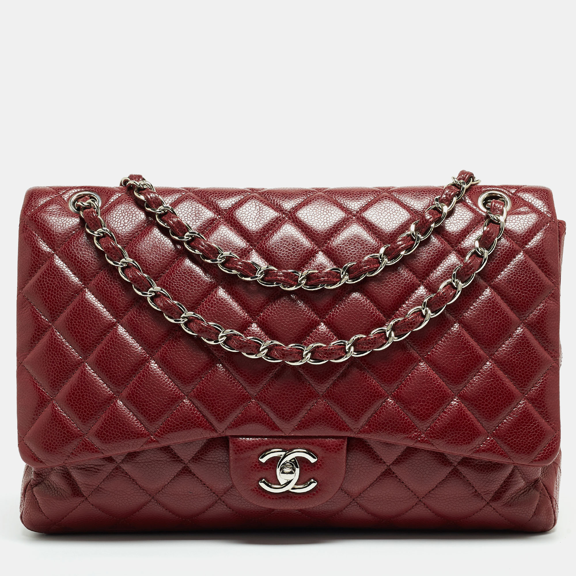 Pre-owned Chanel Burgundy Quilted Caviar Leather Maxi Classic Single Flap Bag