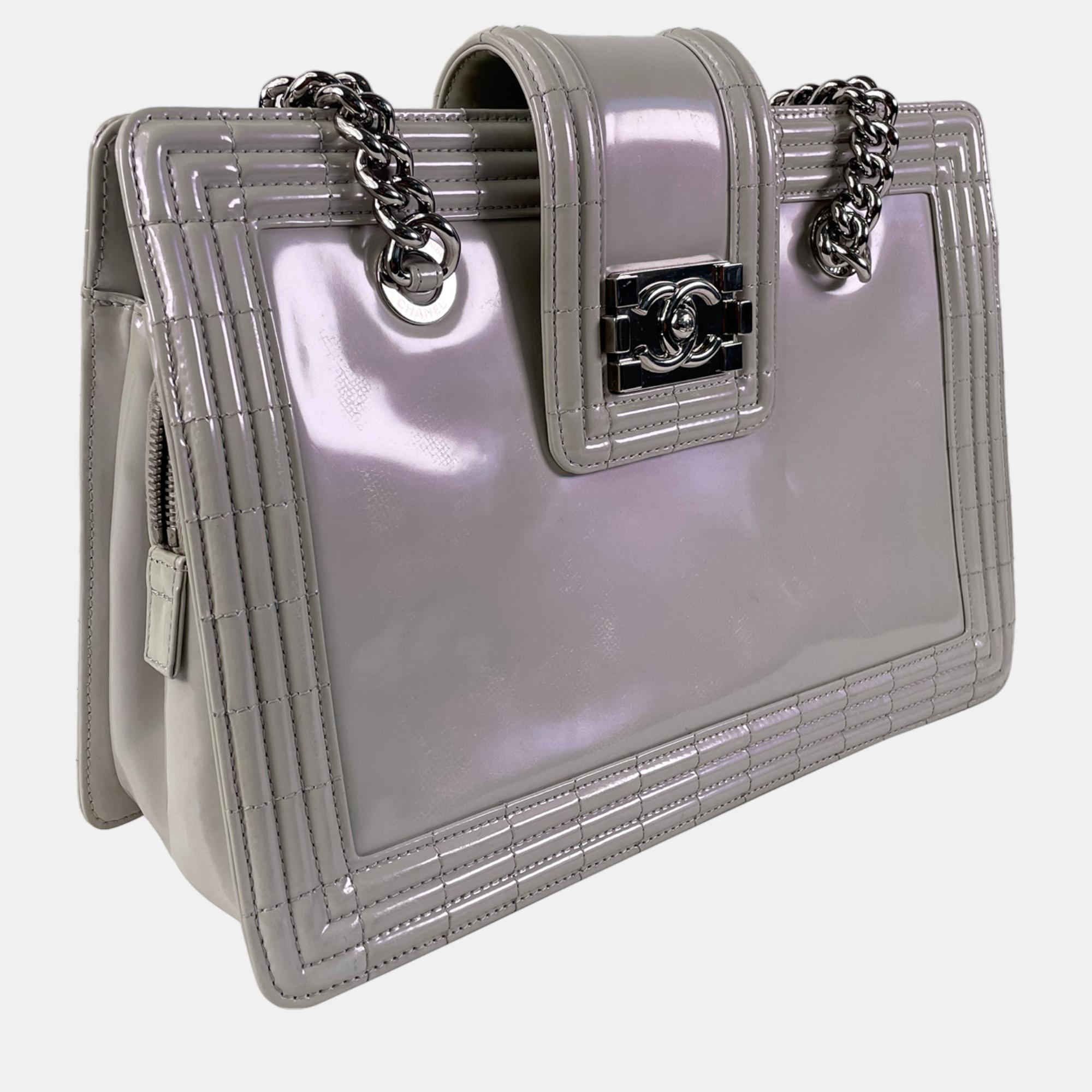 

Chanel Grey Iridescent Patent Boy Reverso Shopping Tote