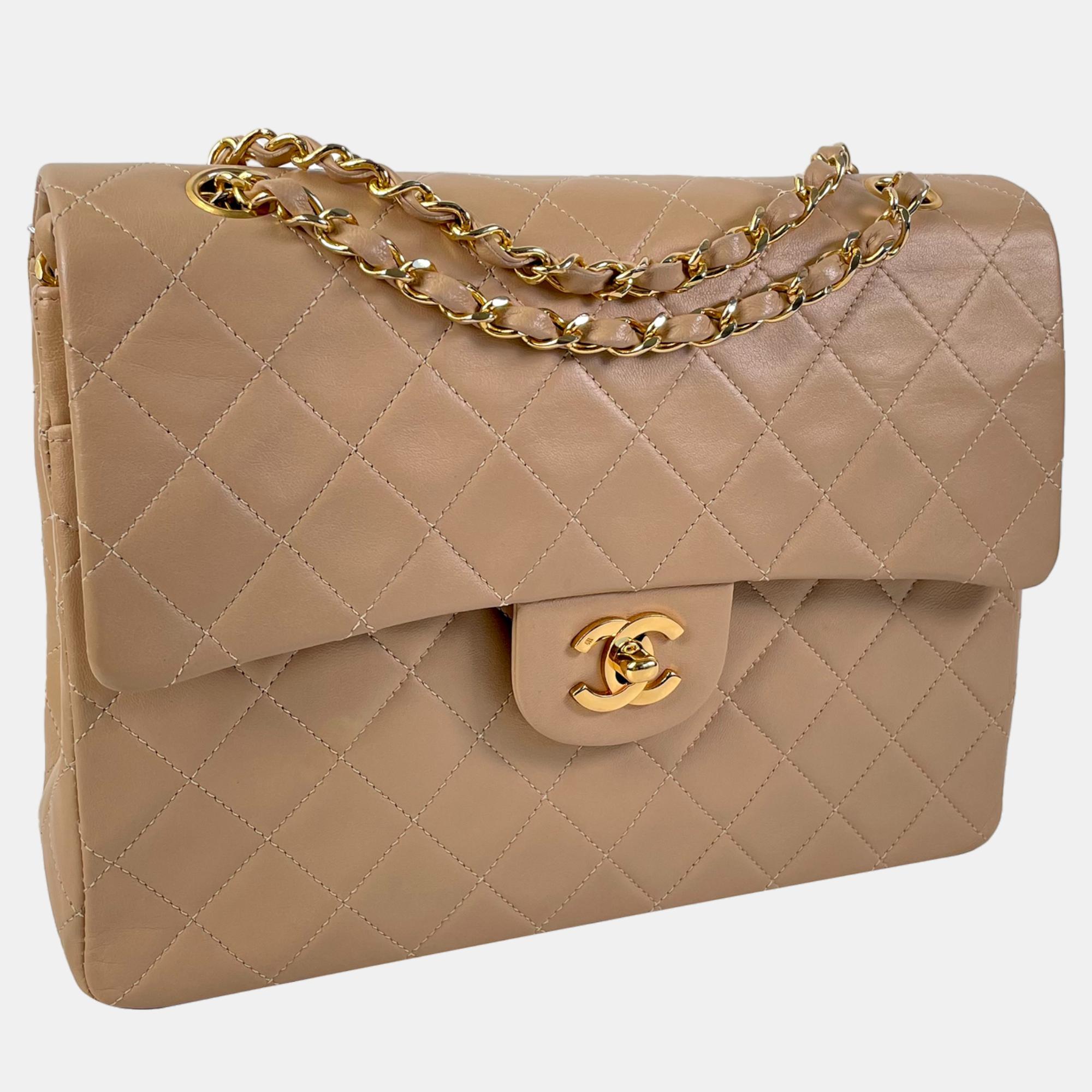 

Chanel Beige/Brown Medium Tall Classic Lambskin Double Flap