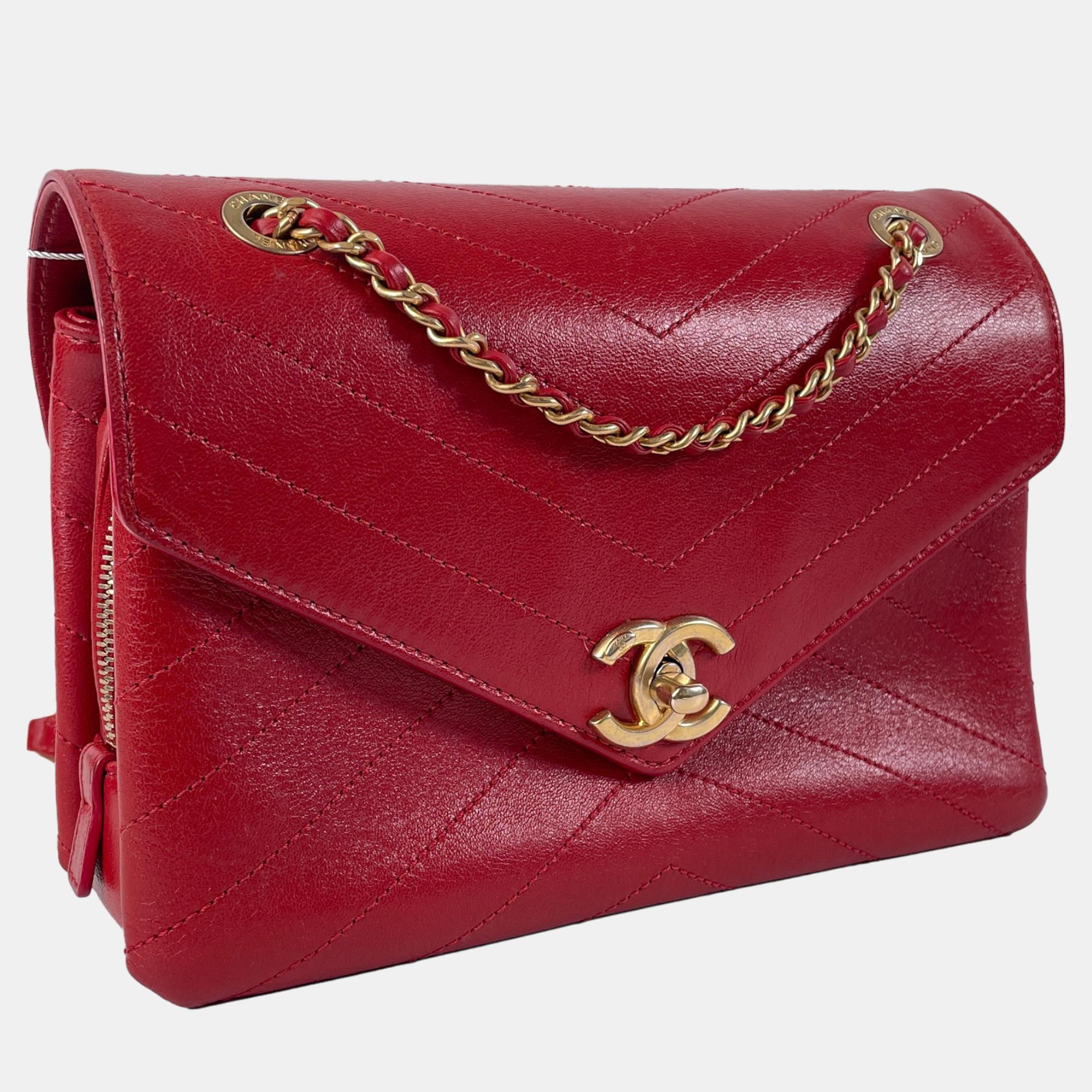 

Chanel Red Small Lambskin Coco Chevron Envelope Flap Bag