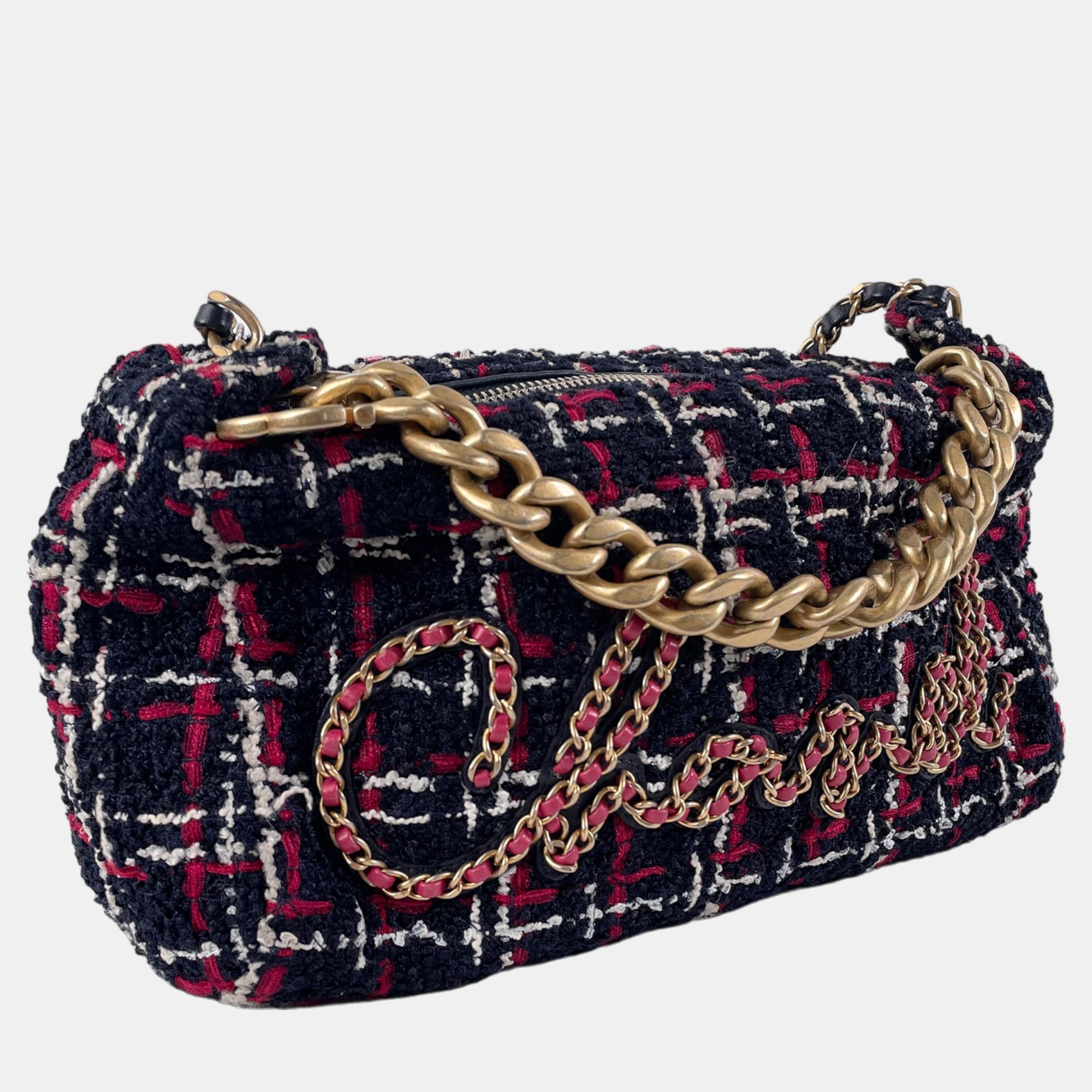

Chanel Navy Blue Signature Tweed Chain Hobo
