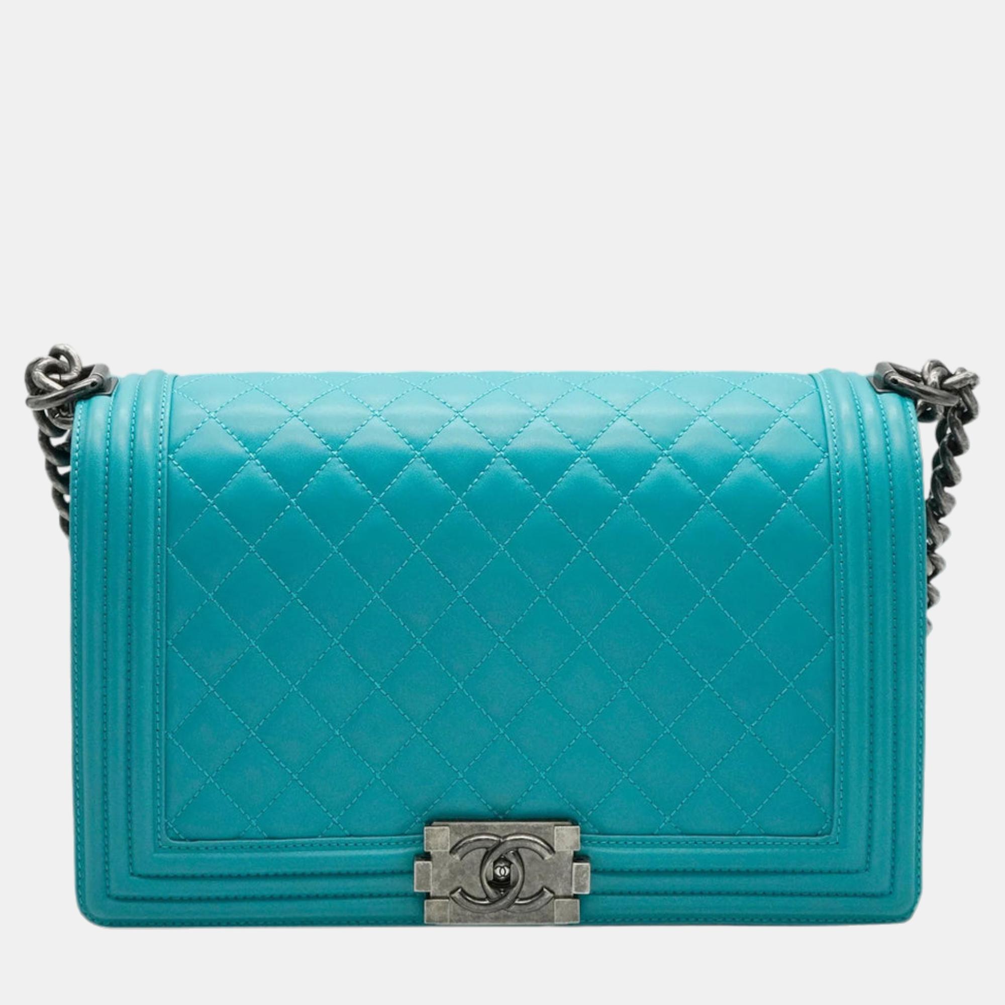 Pre-owned Chanel Aqua Quilted Lambskin New Medium Boy Bag In Blue