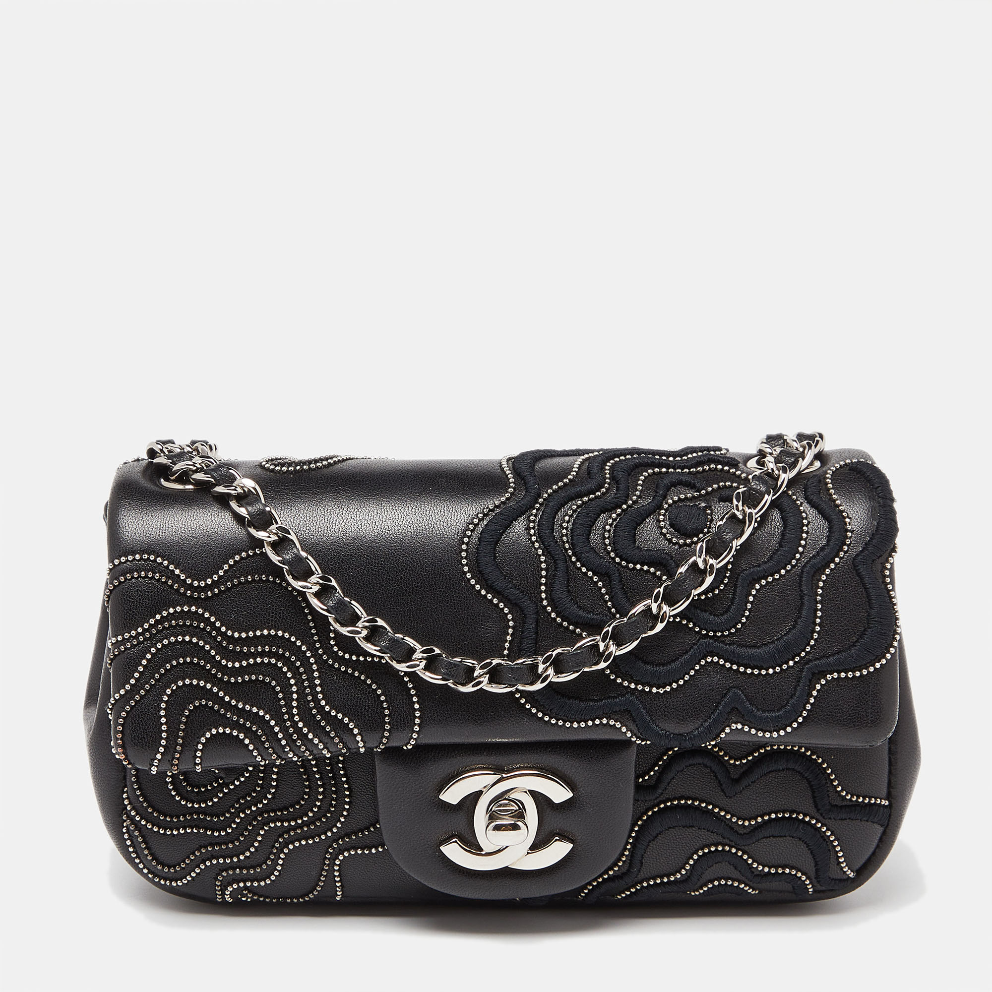 Pre Owned Chanel Black Leather Mini Camellia Follies Flap Bag 
