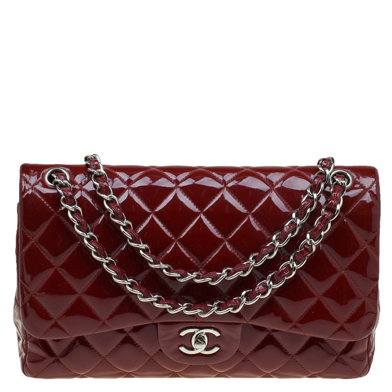 Pre Owned Chanel Burgundy Quilted Patent Leather Jumbo Classic Double Flap Bag