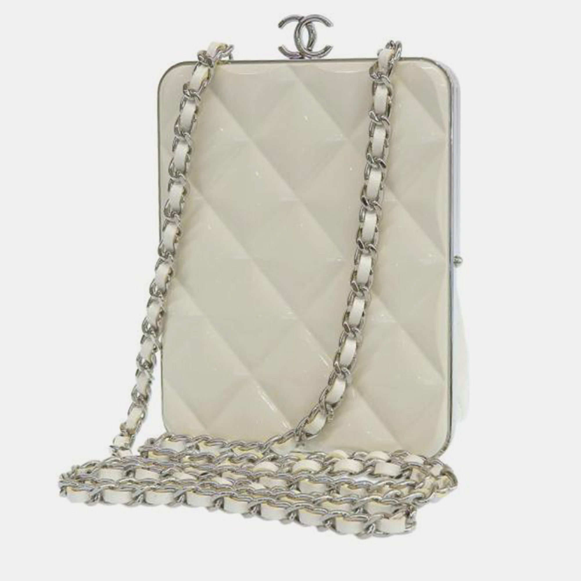

Chanel White Quilted Leather Clasp Clutch Shoulder Bag