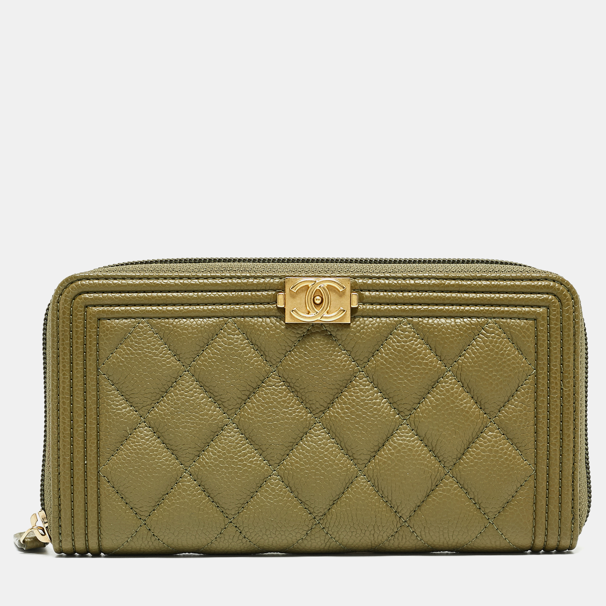 Chanel Green Quilted Leather Boy Zip Around Wallet
